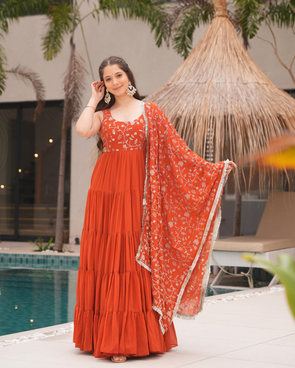 Misha orange soft fox georgette anarkali suit set