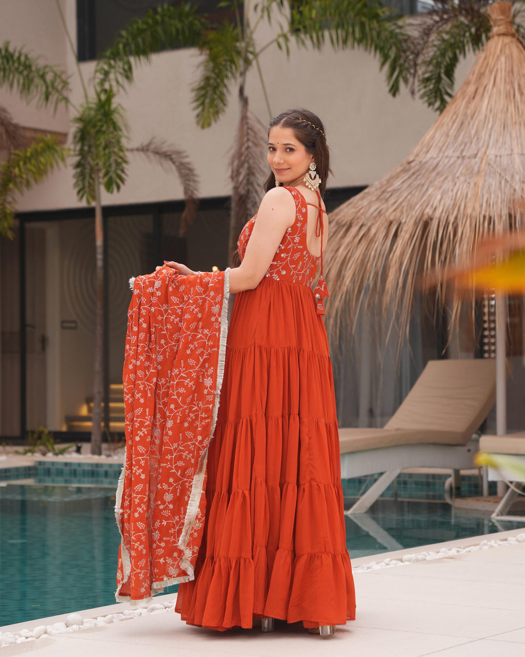 Misha orange soft fox georgette anarkali suit set