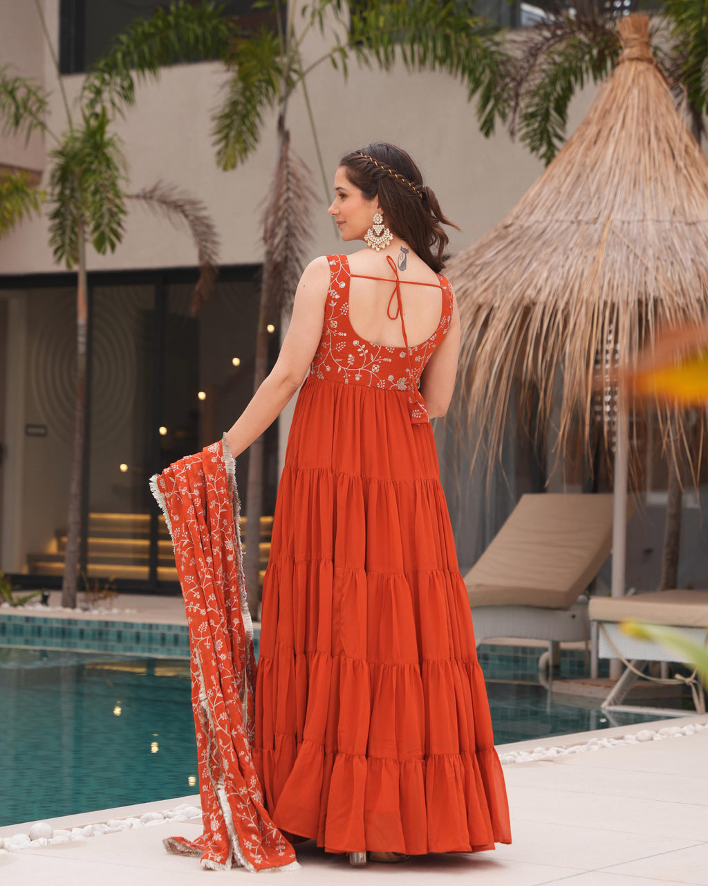 Misha orange soft fox georgette anarkali suit set