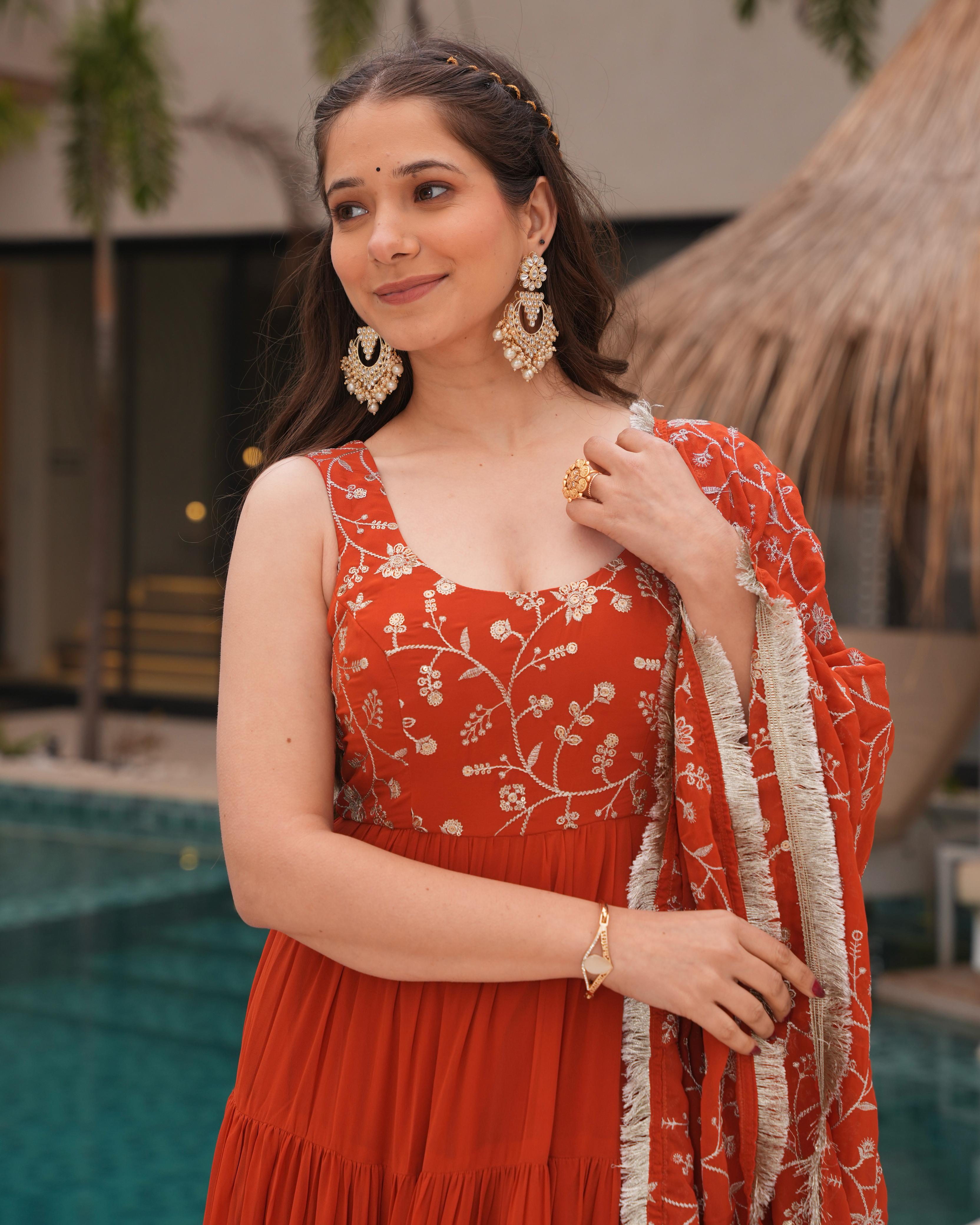 Misha orange soft fox georgette anarkali suit set