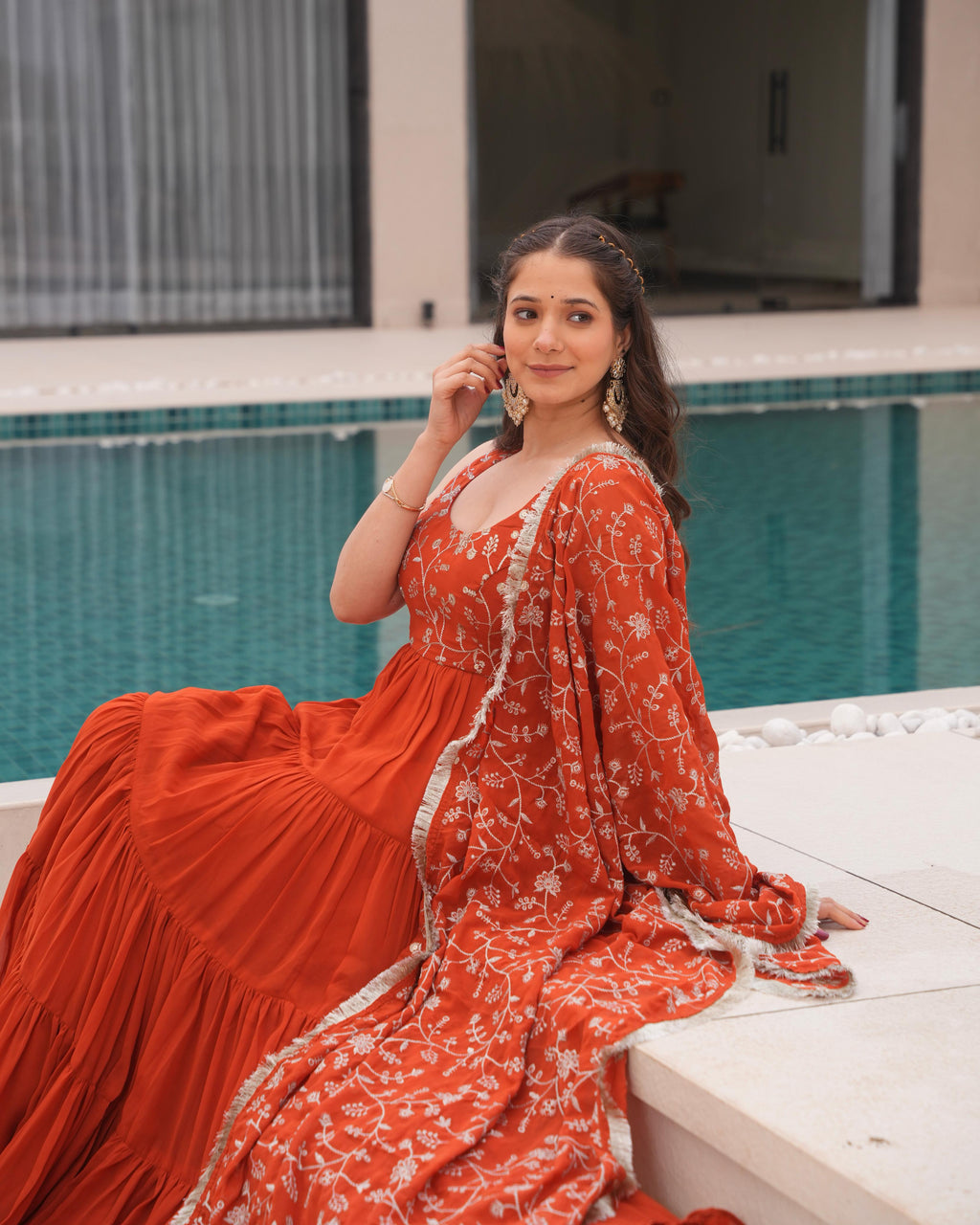 Misha orange soft fox georgette anarkali suit set