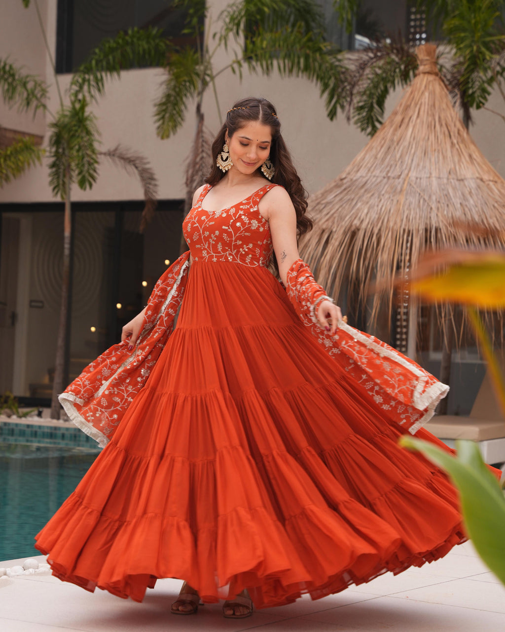 Misha orange soft fox georgette anarkali suit set