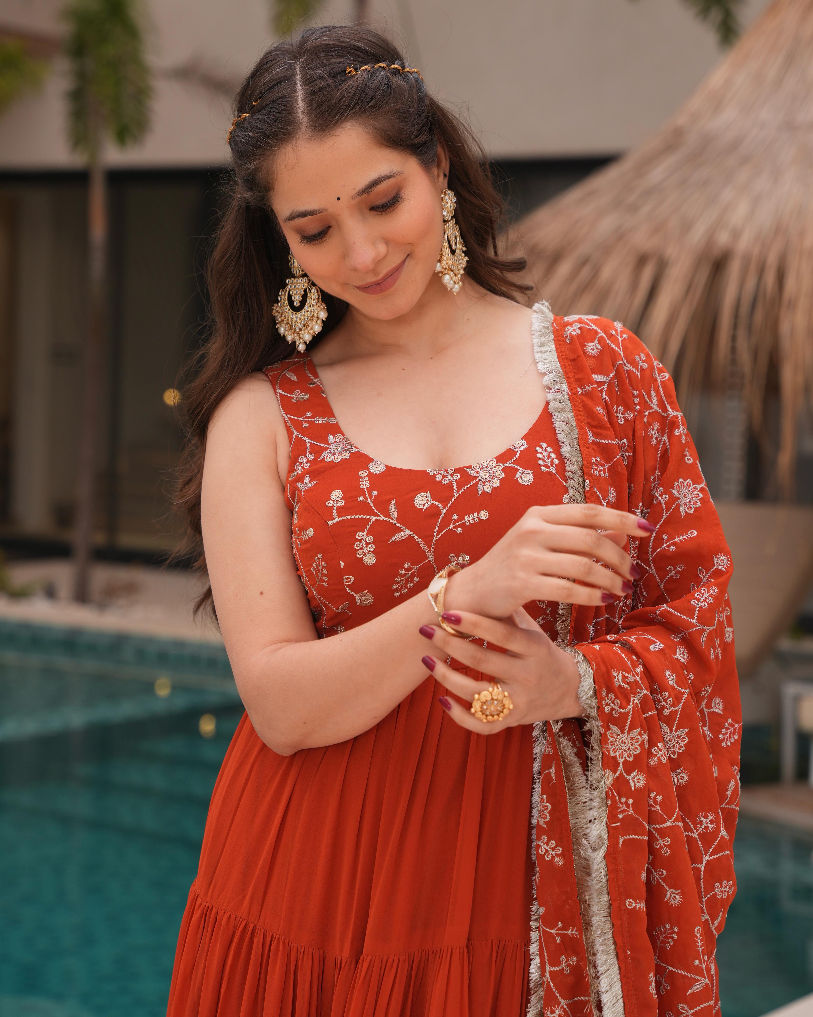 Misha orange soft fox georgette anarkali suit set