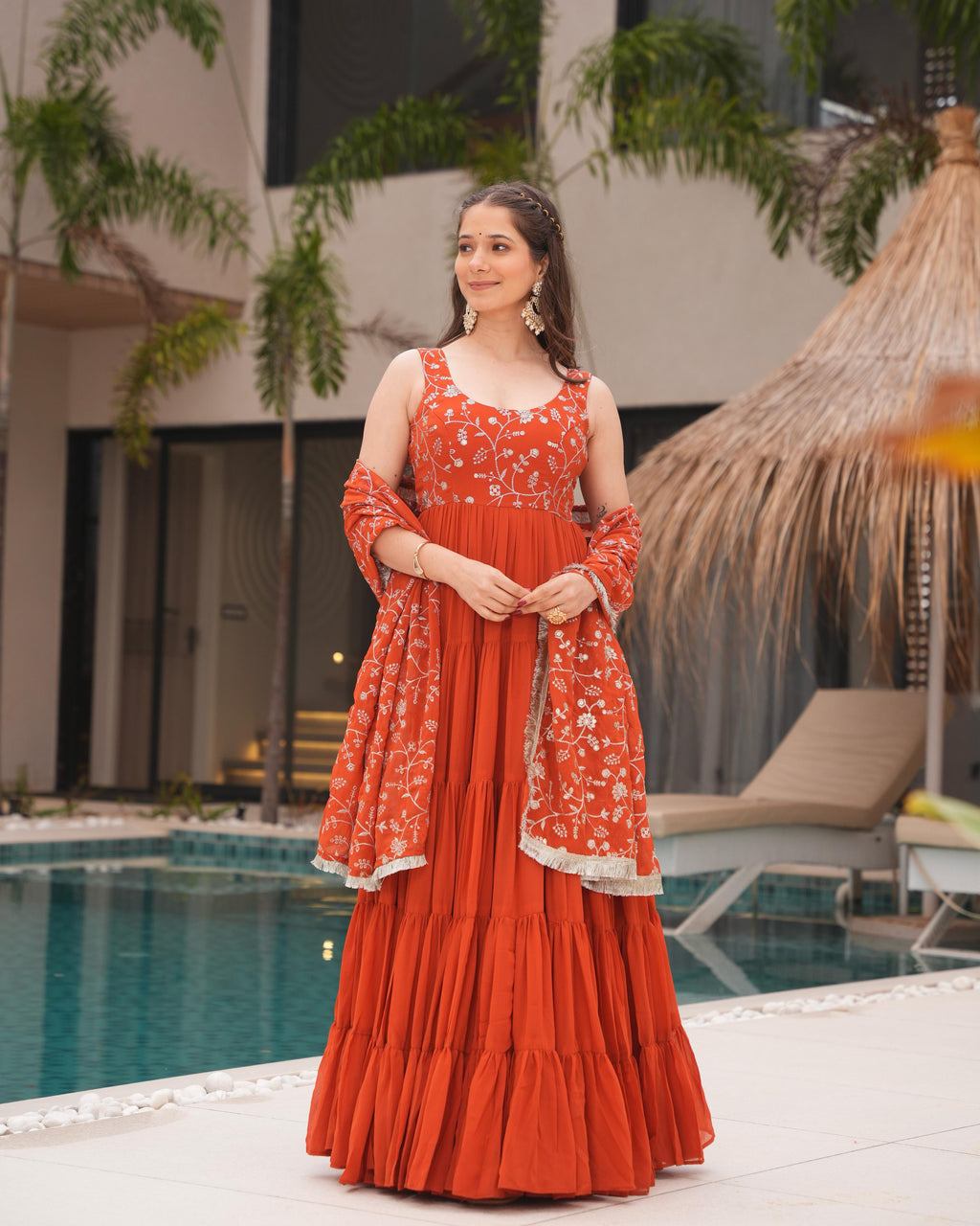 Misha orange soft fox georgette anarkali suit set