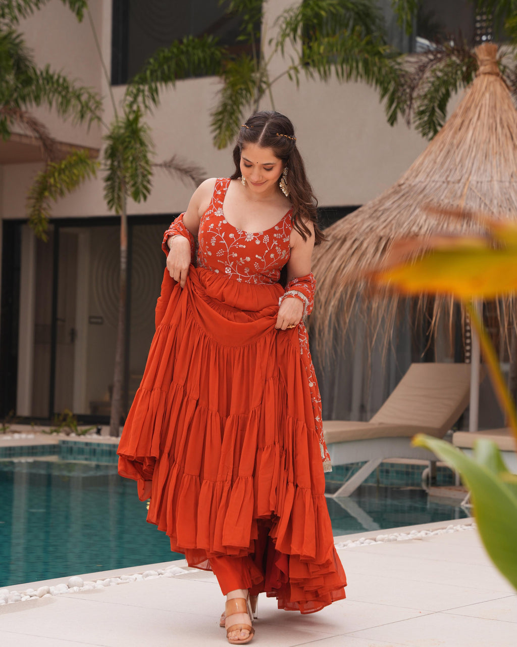 Misha orange soft fox georgette anarkali suit set