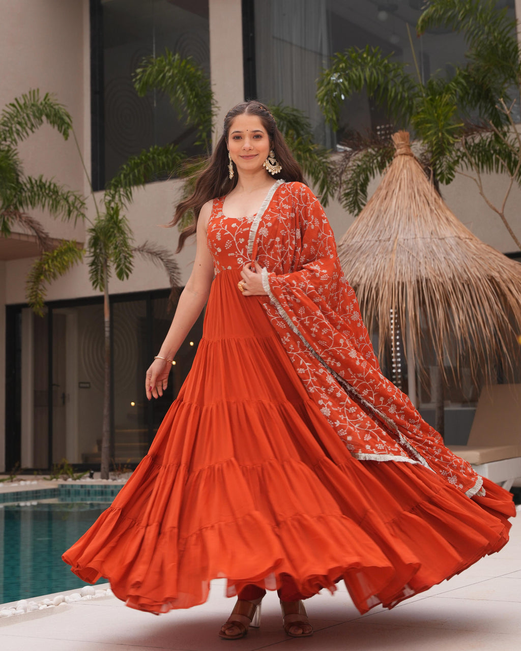Misha orange soft fox georgette anarkali suit set
