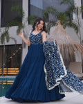 Red fox georgette Anarkali suit set with dupatta for women, heavy embroidered Anarkali gown for weddings and receptions, latest floor-length Anarkali suit with pant and dupatta, traditional Indian ethnic wear for party and festive occasions, designer Anarkali dress for engagement or Diwali, sequin and thread work Anarkali with grand flair, readymade Anarkali suit with pant set for women.