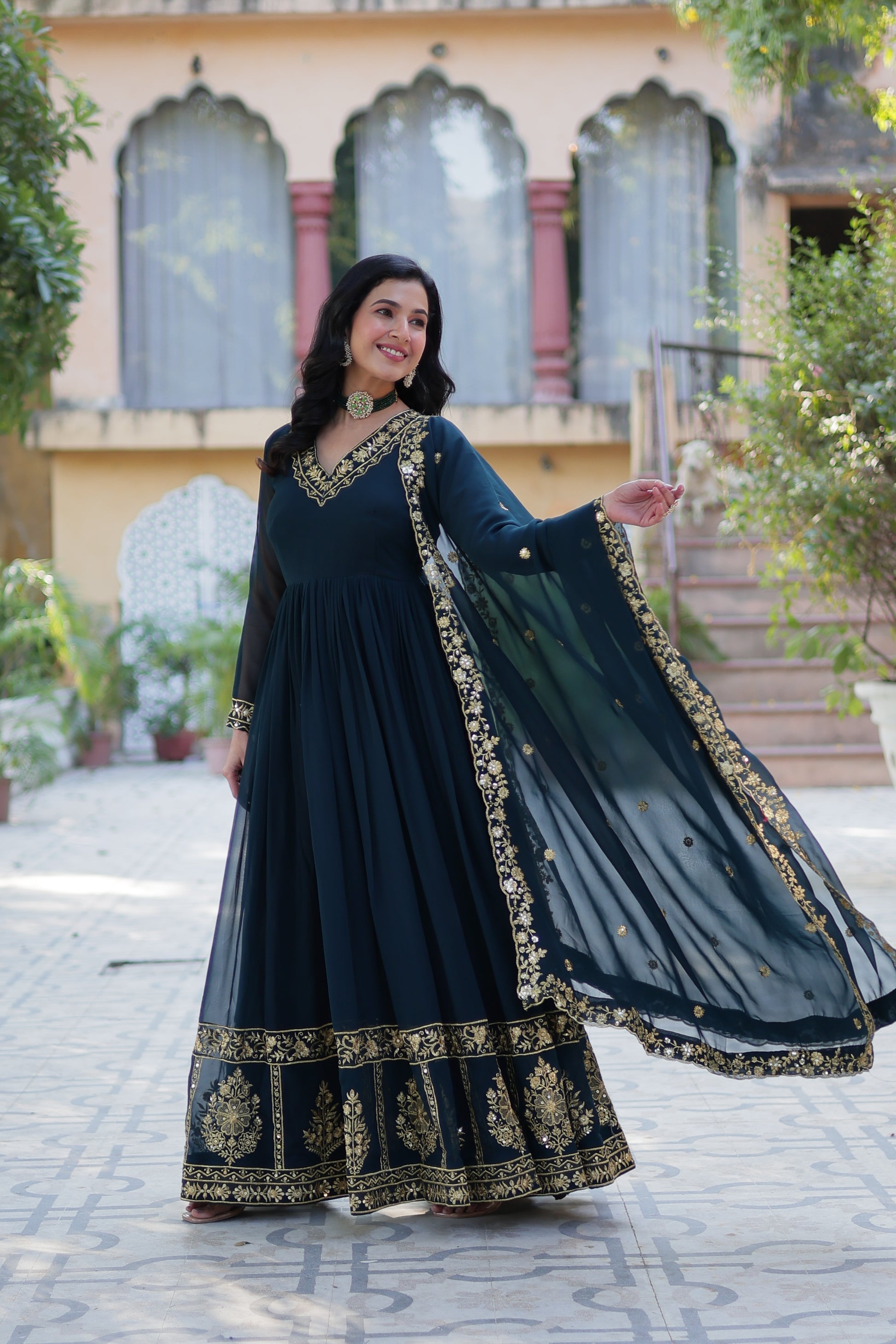 Mishka rama embroidered flared anarkali gown set