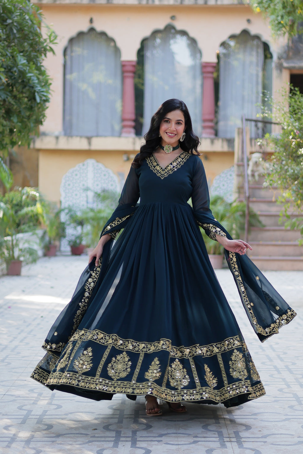 Mishka rama embroidered flared anarkali gown set