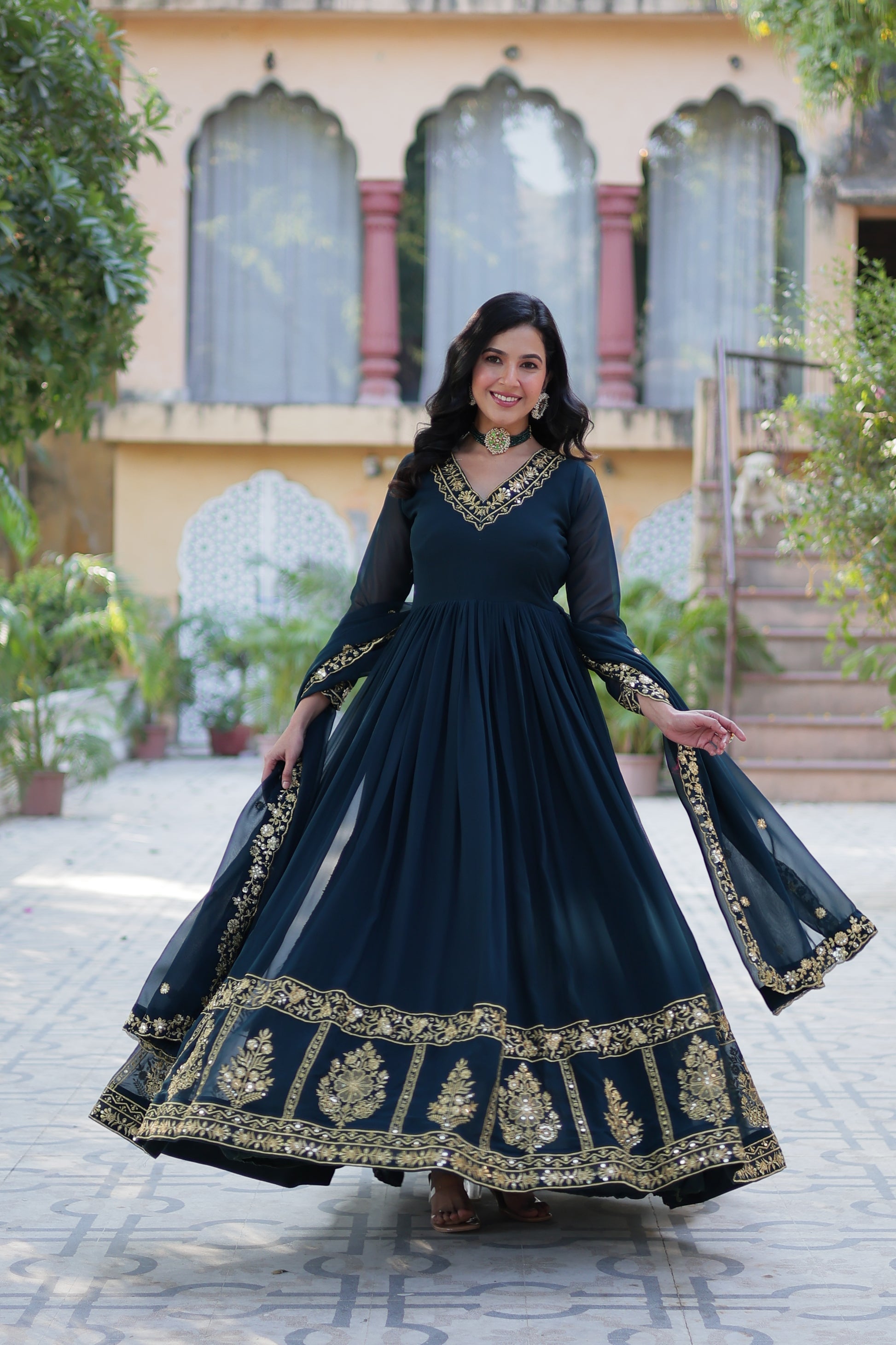 Mishka rama embroidered flared anarkali gown set