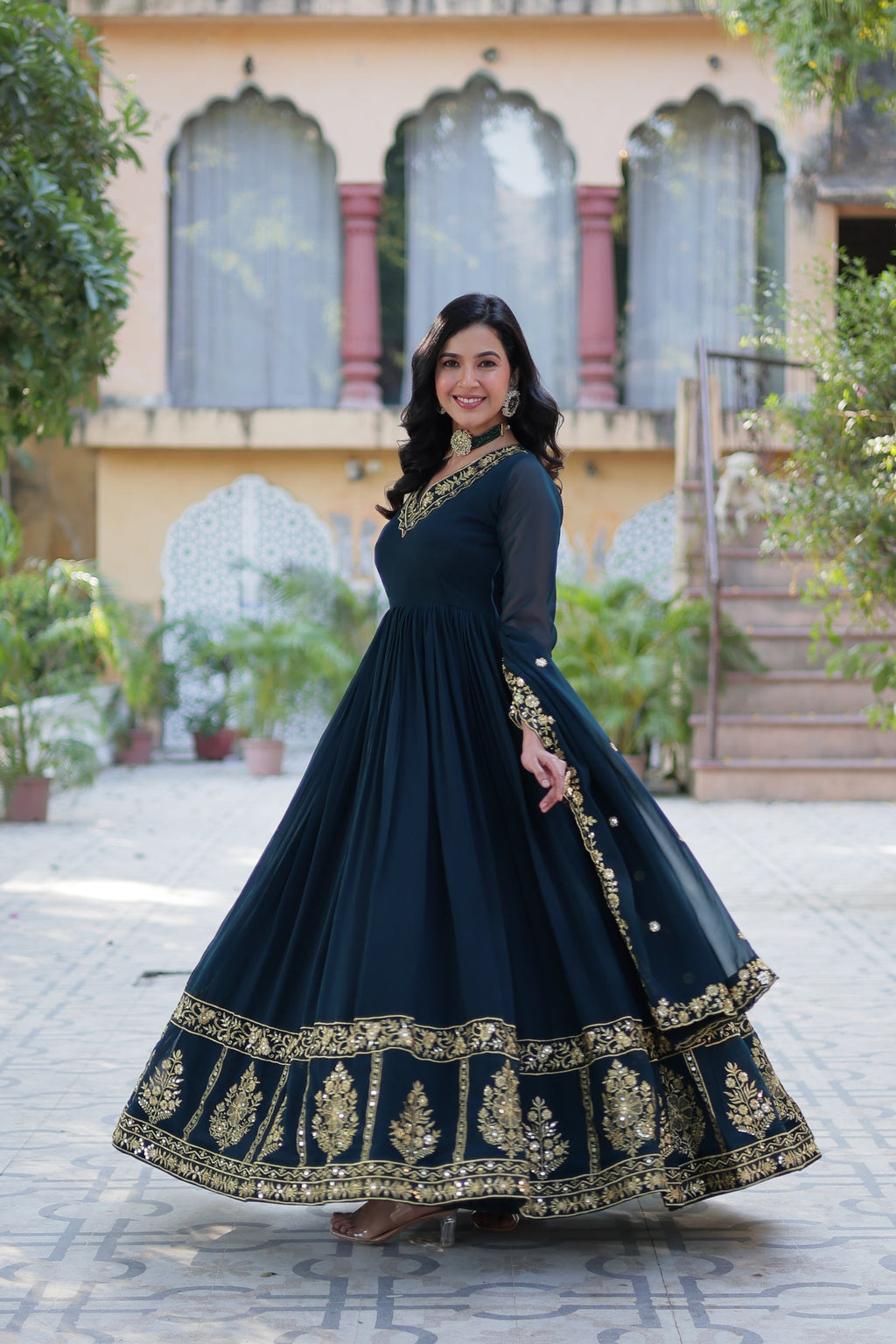 Mishka rama embroidered flared anarkali gown set