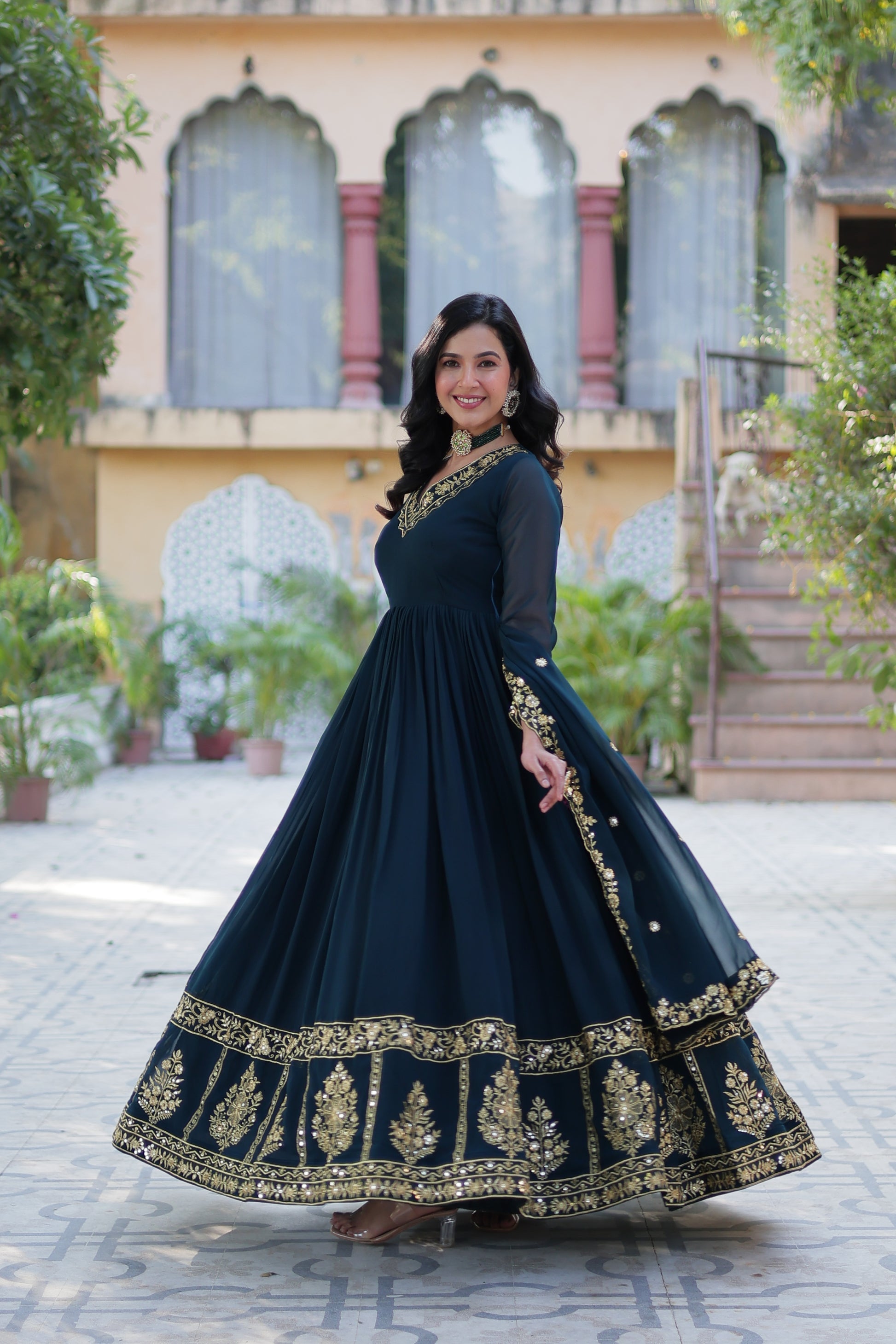 Mishka rama embroidered flared anarkali gown set