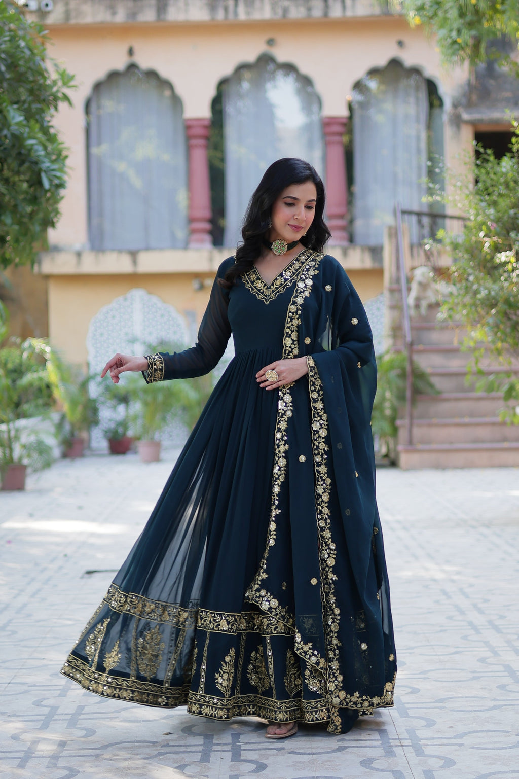Mishka rama embroidered flared anarkali gown set