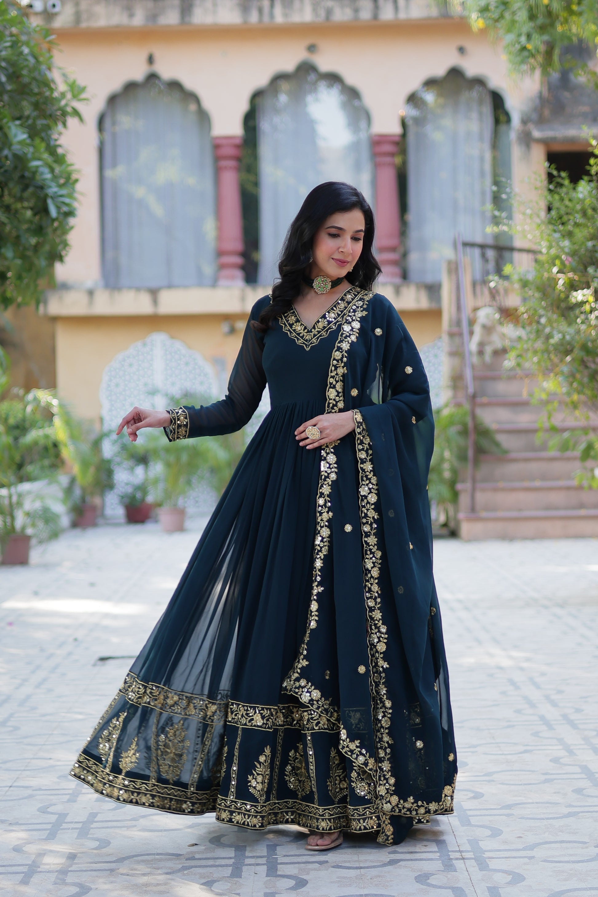 Mishka rama embroidered flared anarkali gown set
