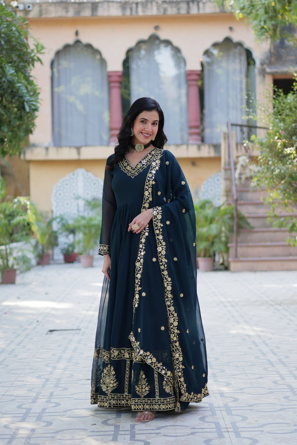 Mishka rama embroidered flared anarkali gown set