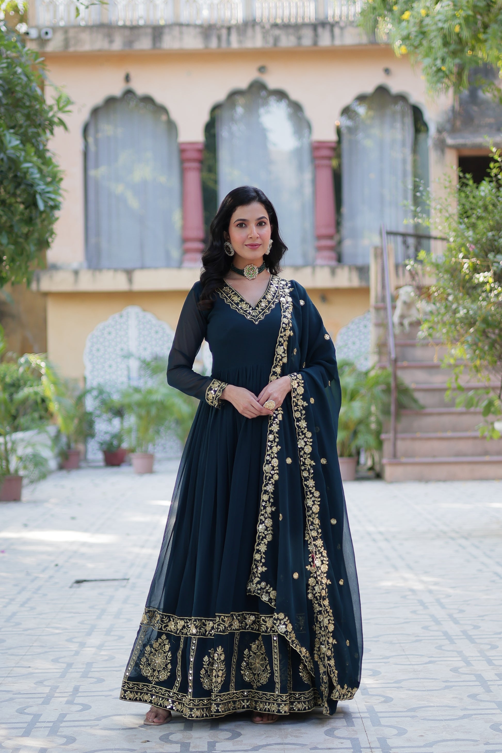 Mishka rama embroidered flared anarkali gown set