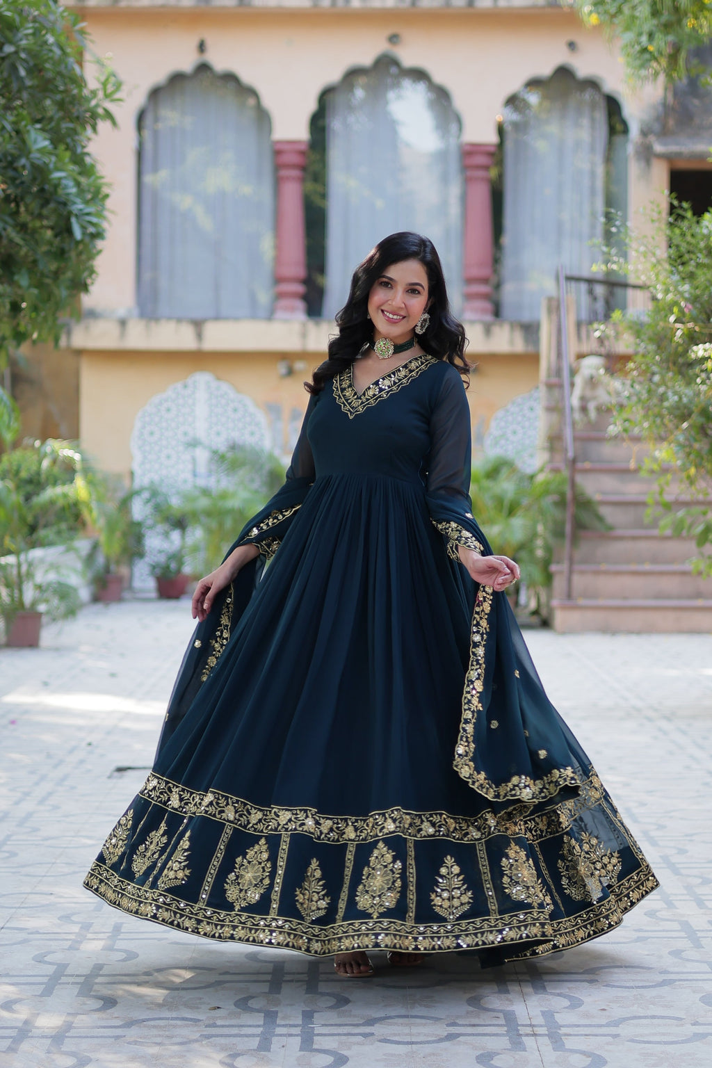 Mishka rama embroidered flared anarkali gown set