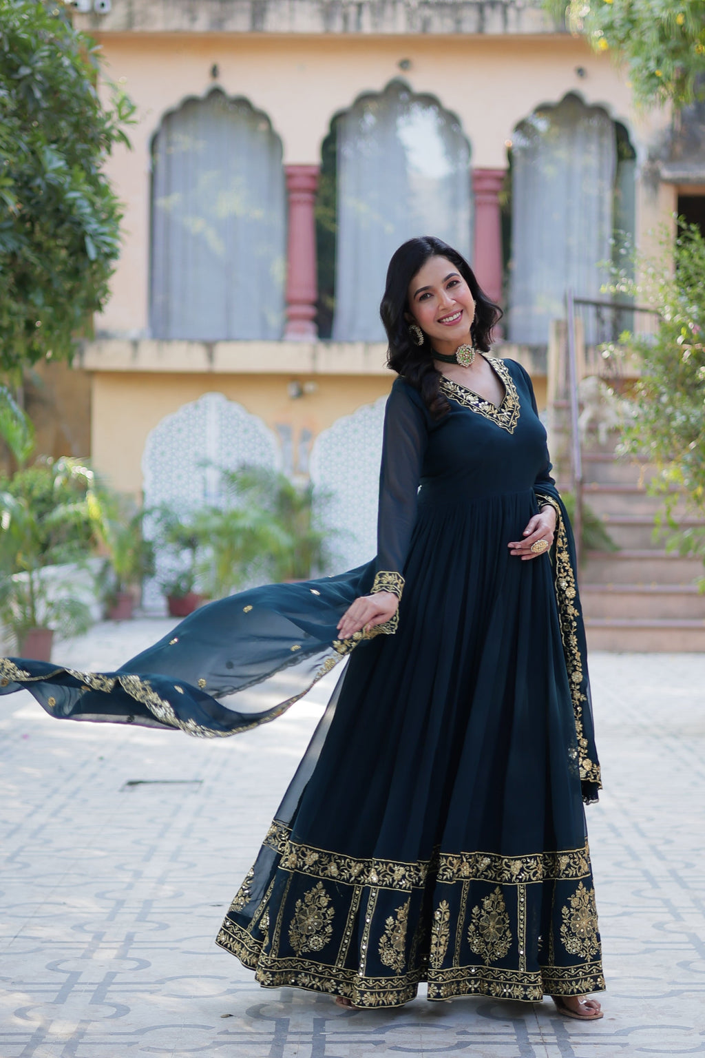 Mishka rama embroidered flared anarkali gown set