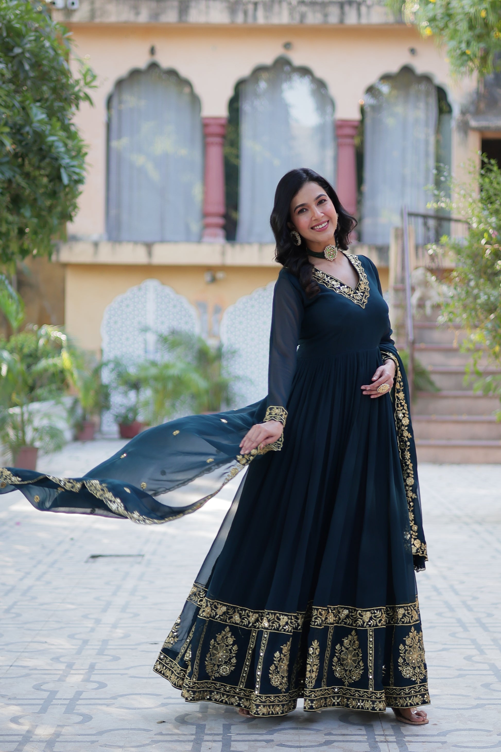 Mishka rama embroidered flared anarkali gown set
