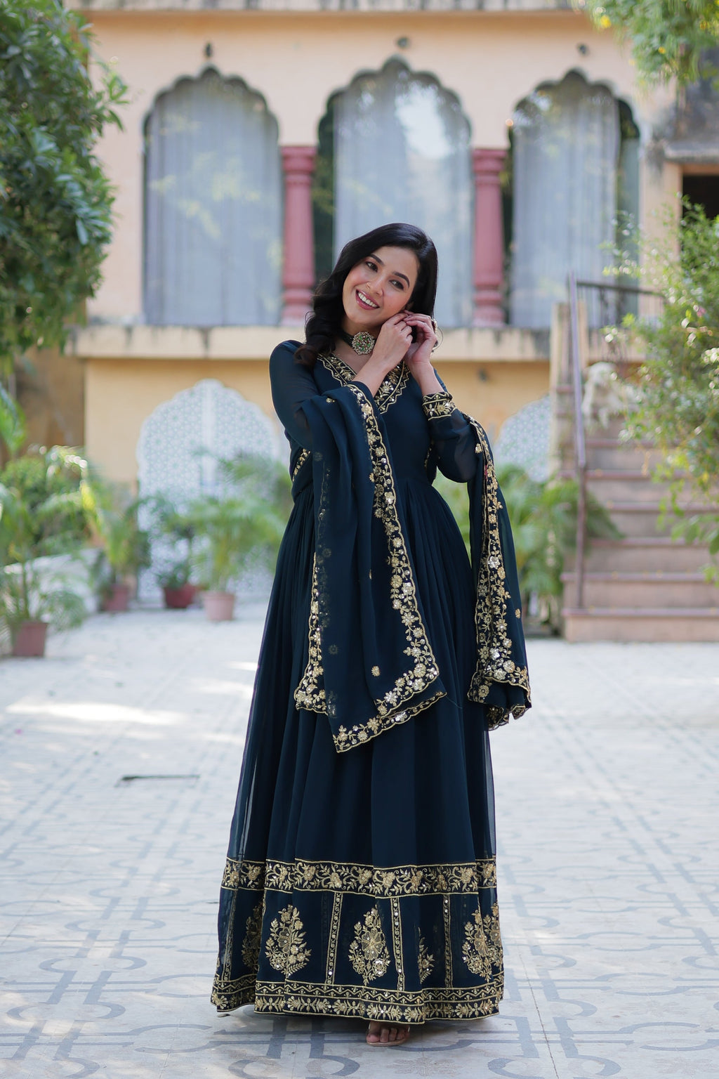 Mishka rama embroidered flared anarkali gown set