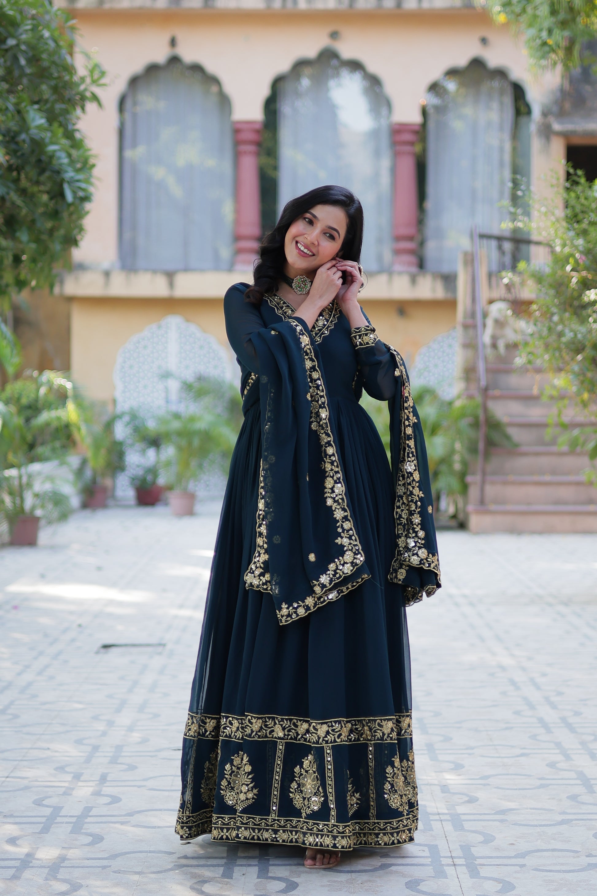 Mishka rama embroidered flared anarkali gown set