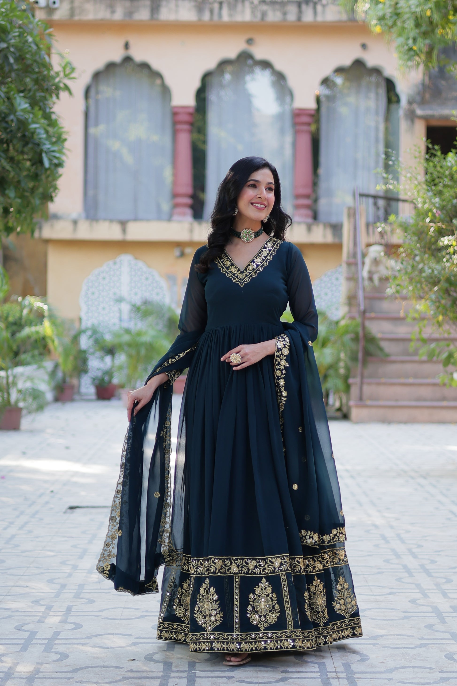 Mishka rama embroidered flared anarkali gown set