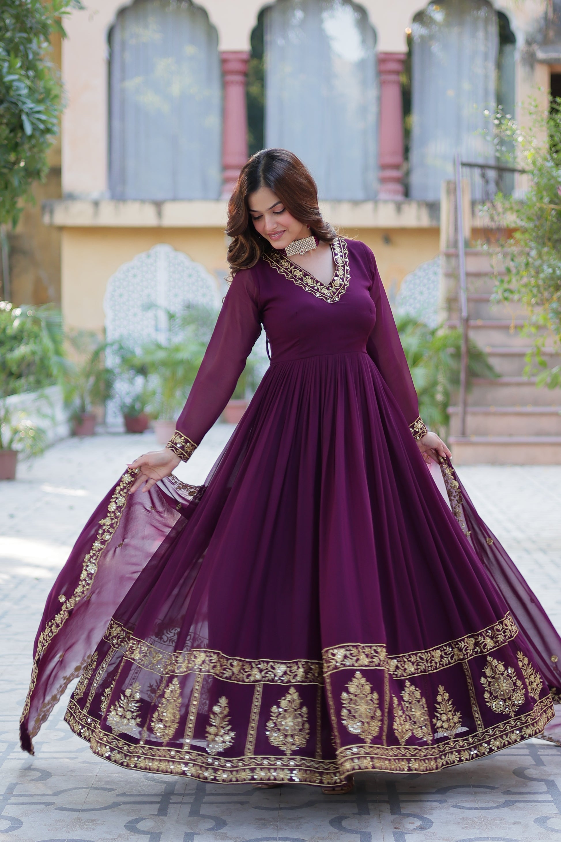 Mishka wine embroidered flared anarkali gown set