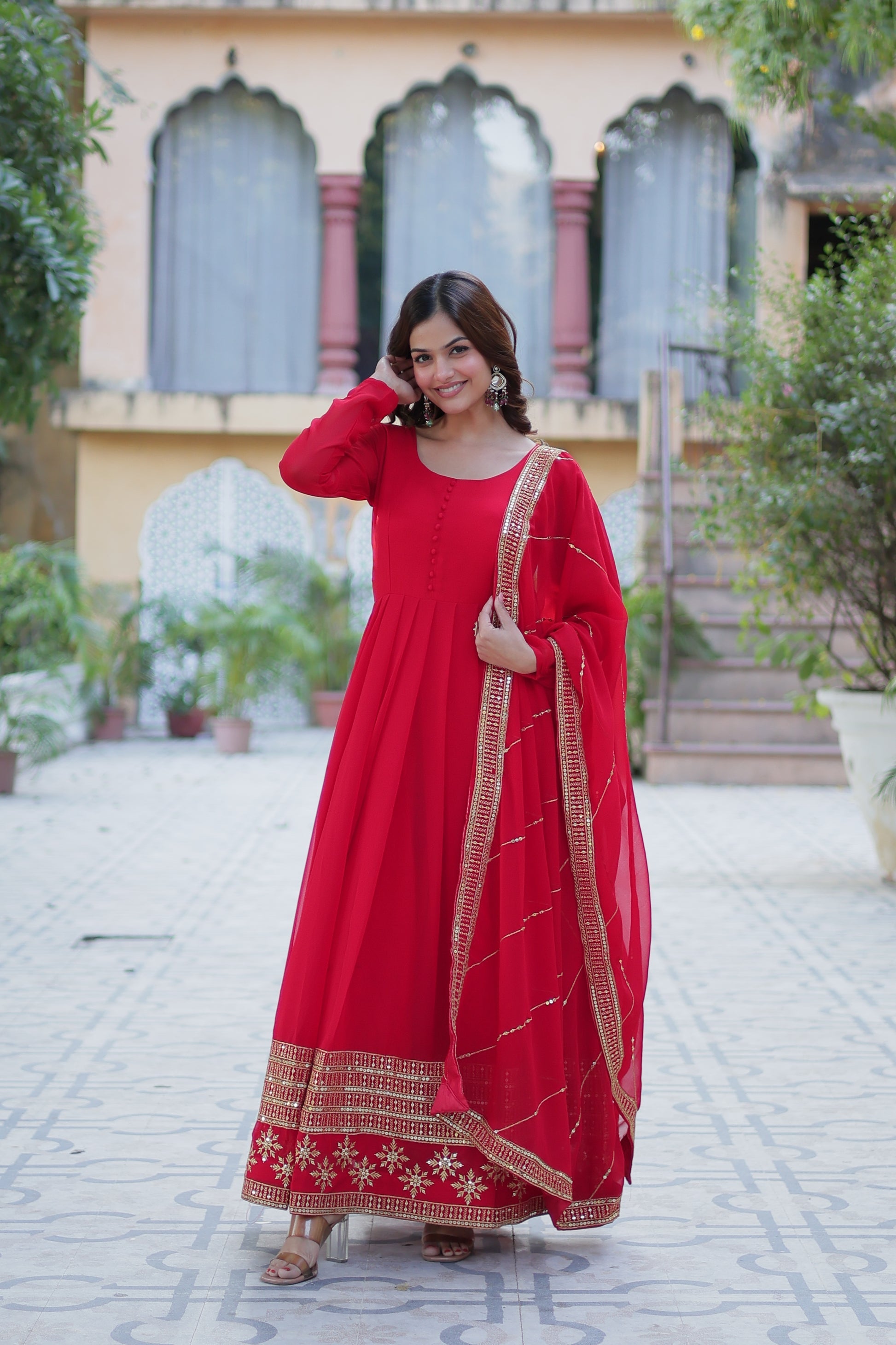 Red georgette embroidered Mokshita designer Anarkali suit