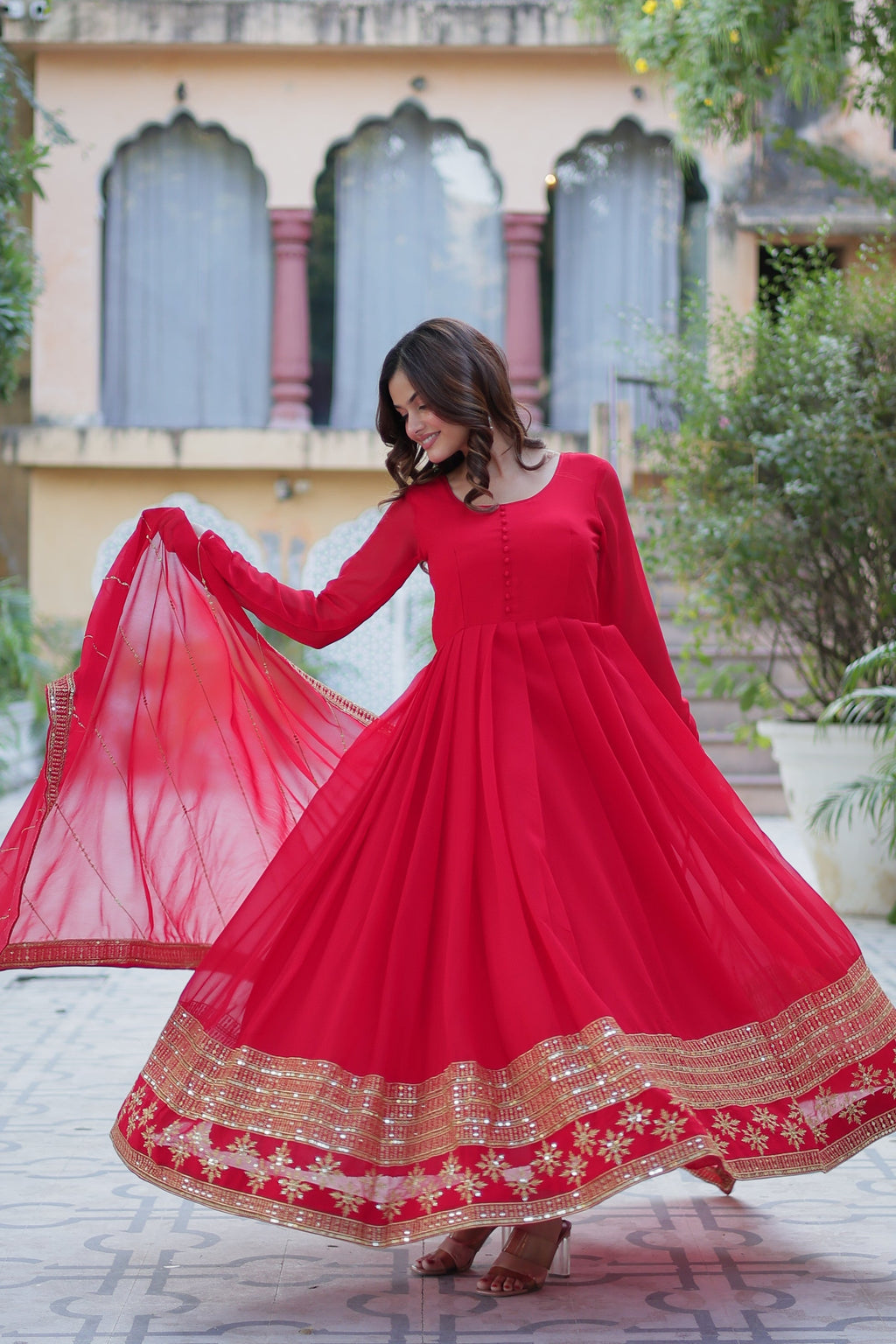 Red georgette embroidered Mokshita designer Anarkali suit