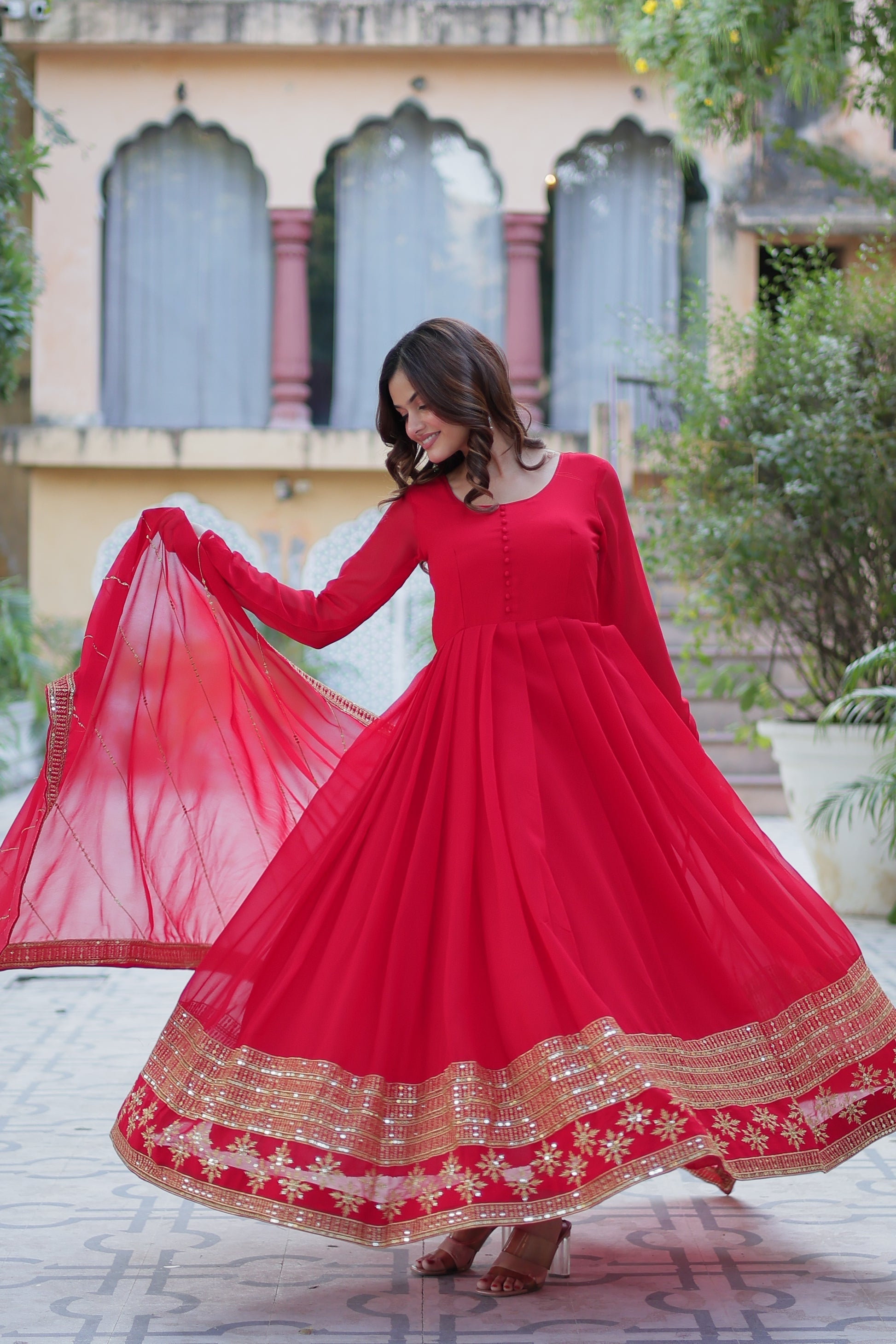 Red georgette embroidered Mokshita designer Anarkali suit