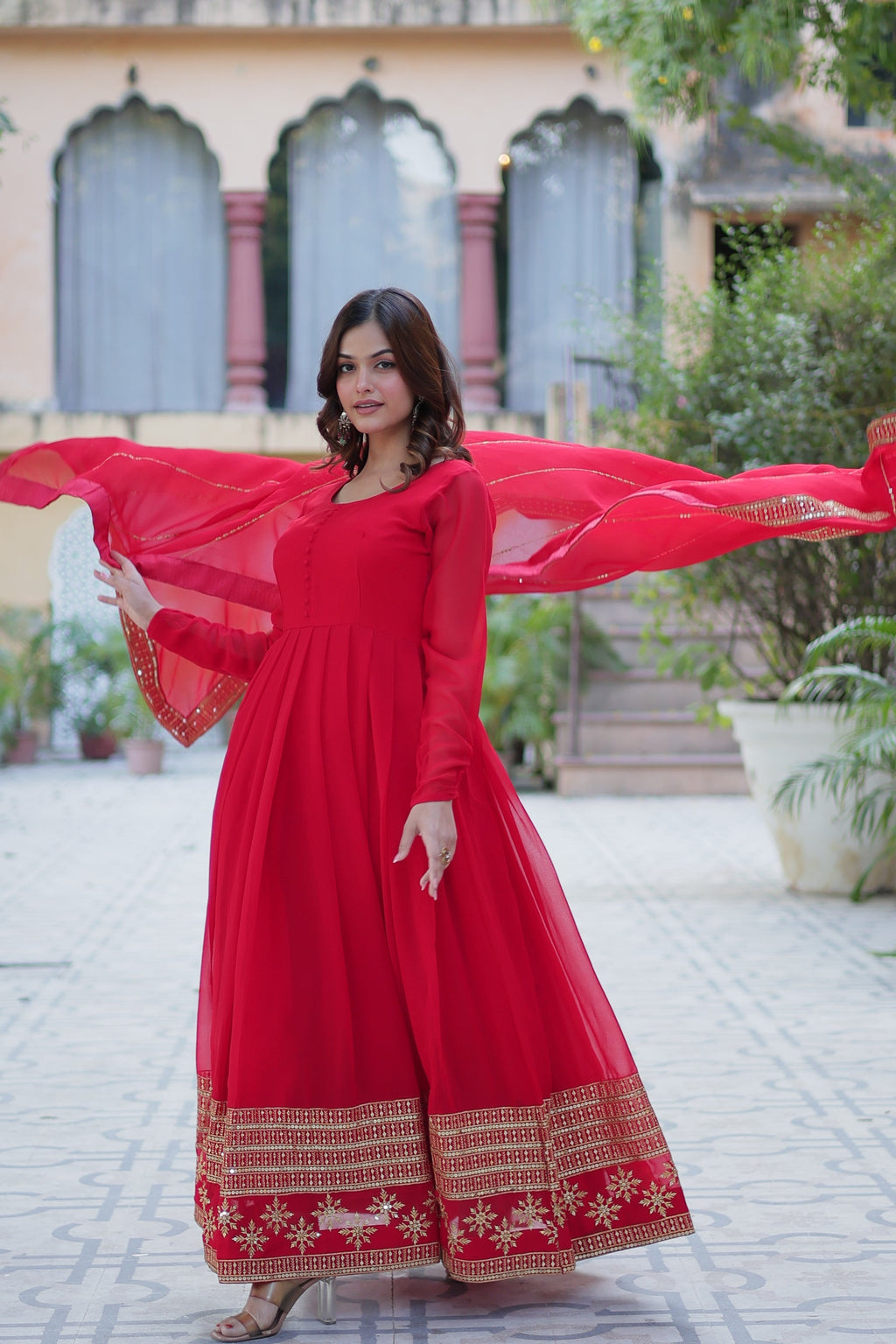 Red georgette embroidered Mokshita designer Anarkali suit
