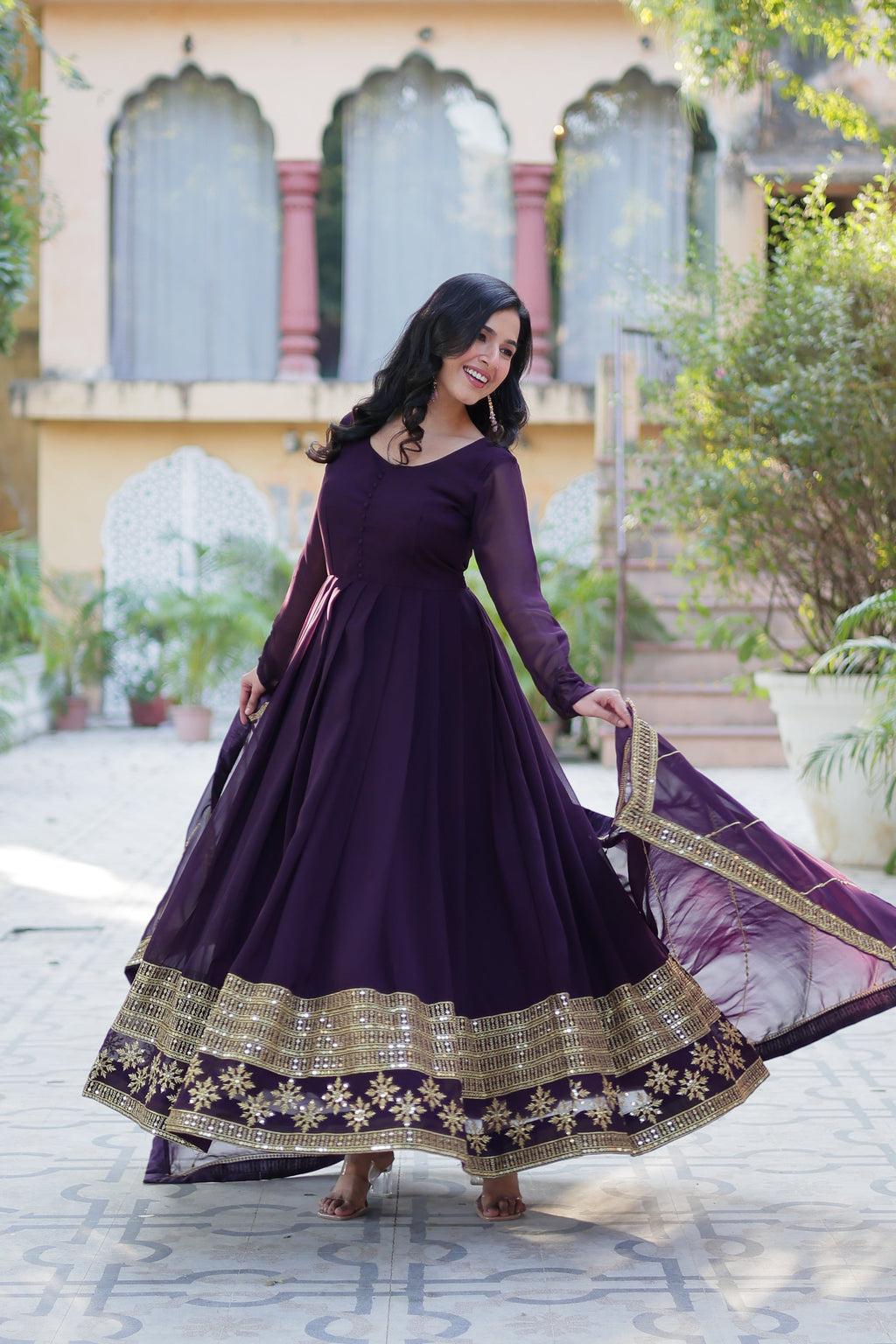 Mokshita wine festive wear flared embroidered Anarkali set