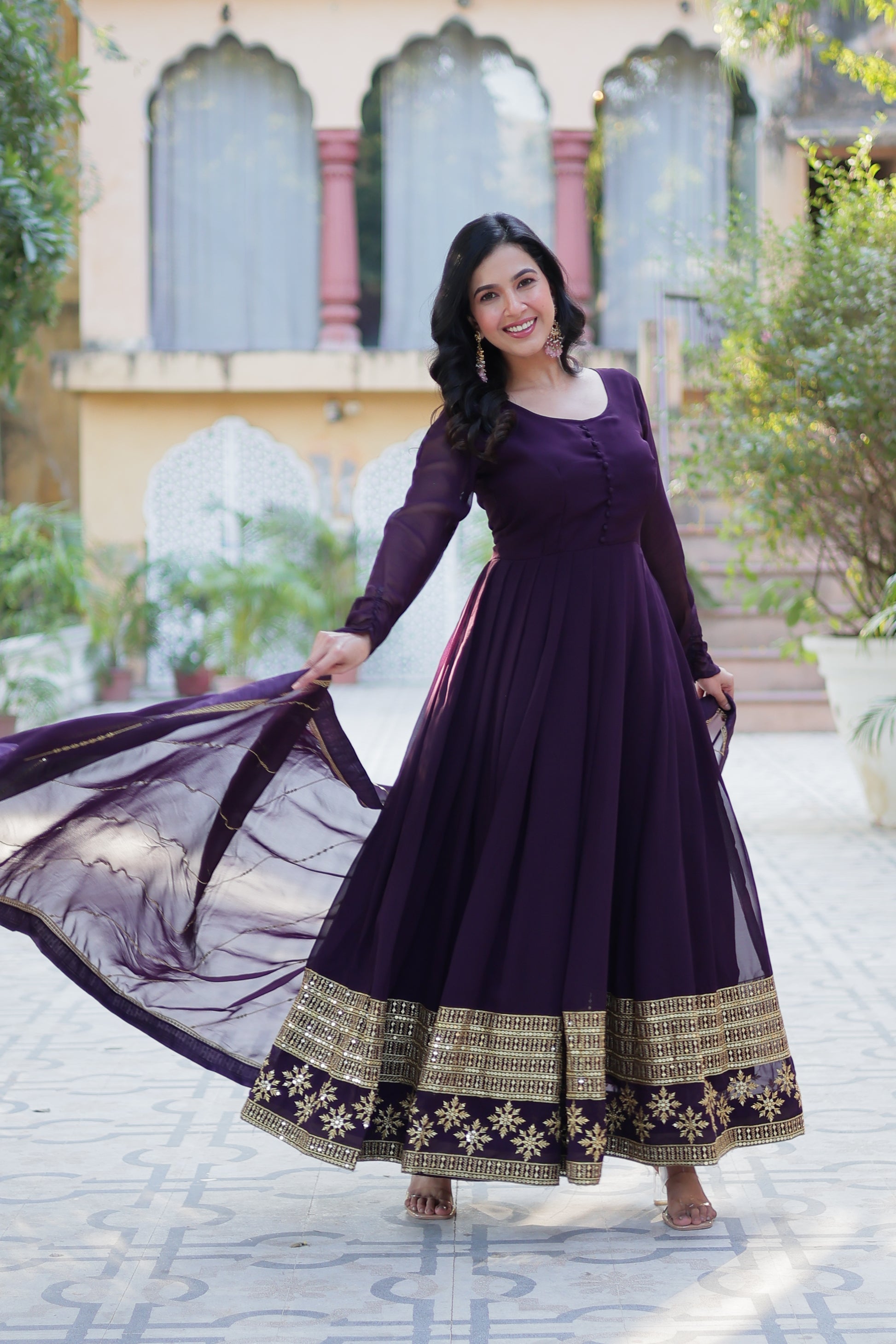 Mokshita wine festive wear flared embroidered Anarkali set