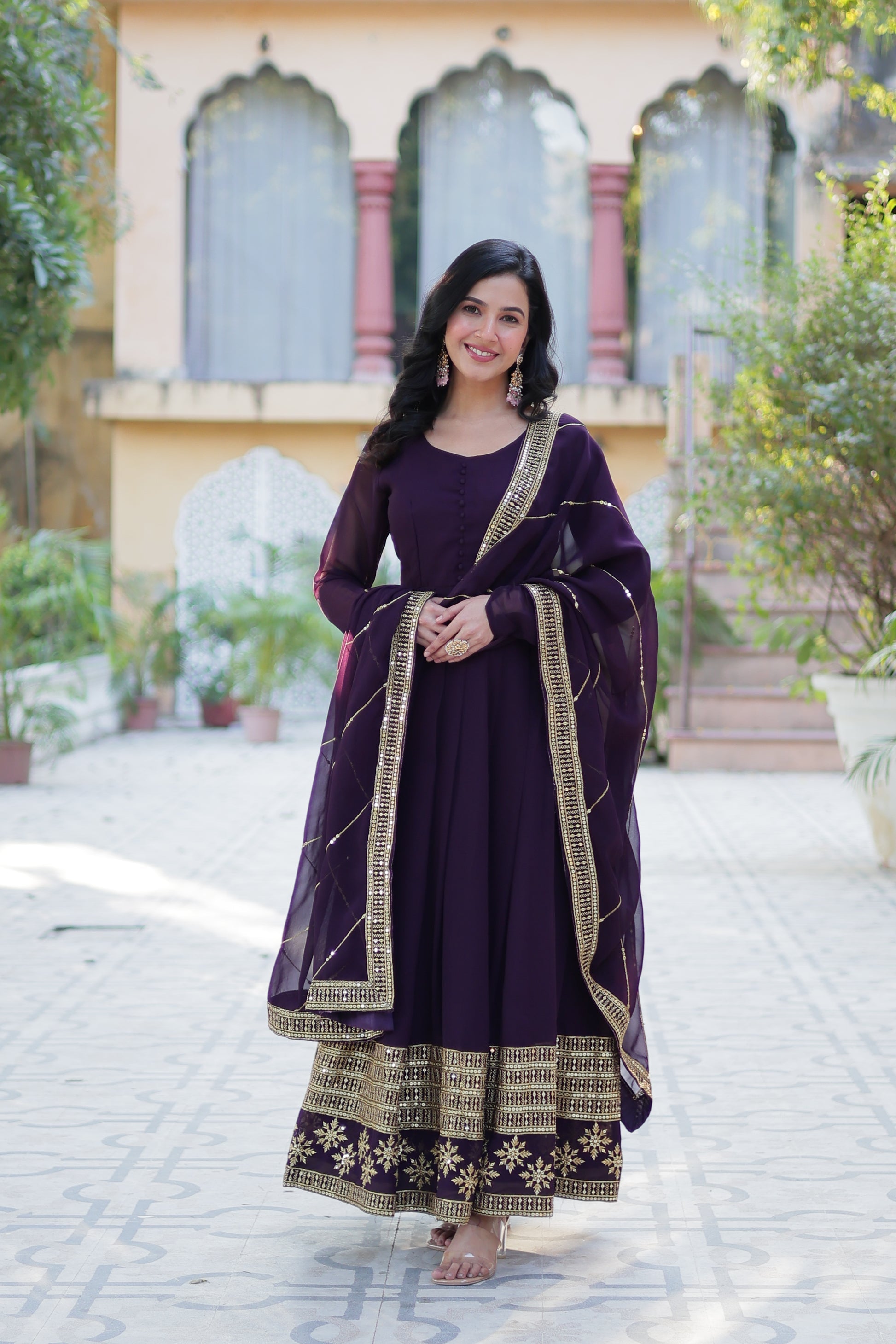 Mokshita wine festive wear flared embroidered Anarkali set