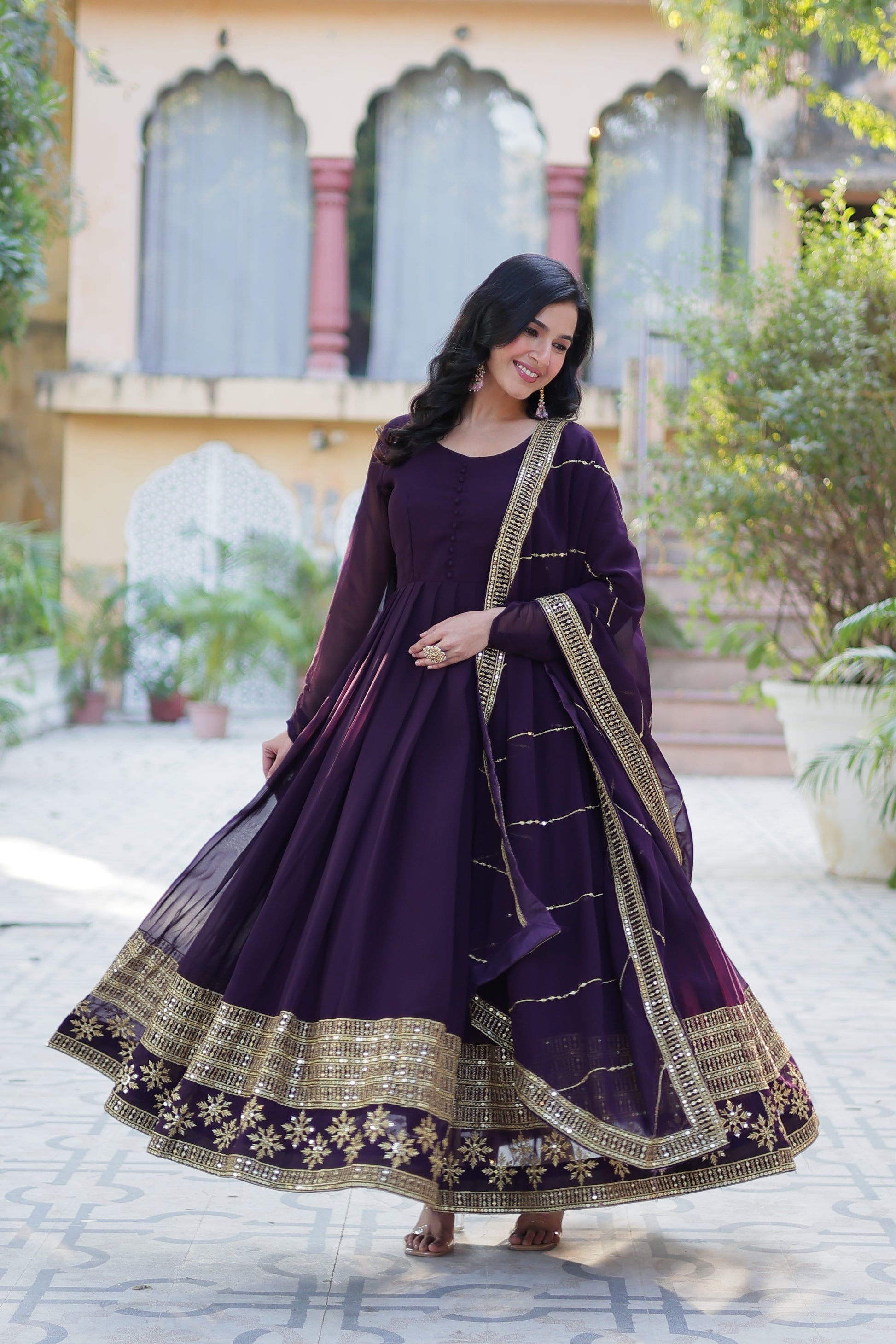 Mokshita wine festive wear flared embroidered Anarkali set