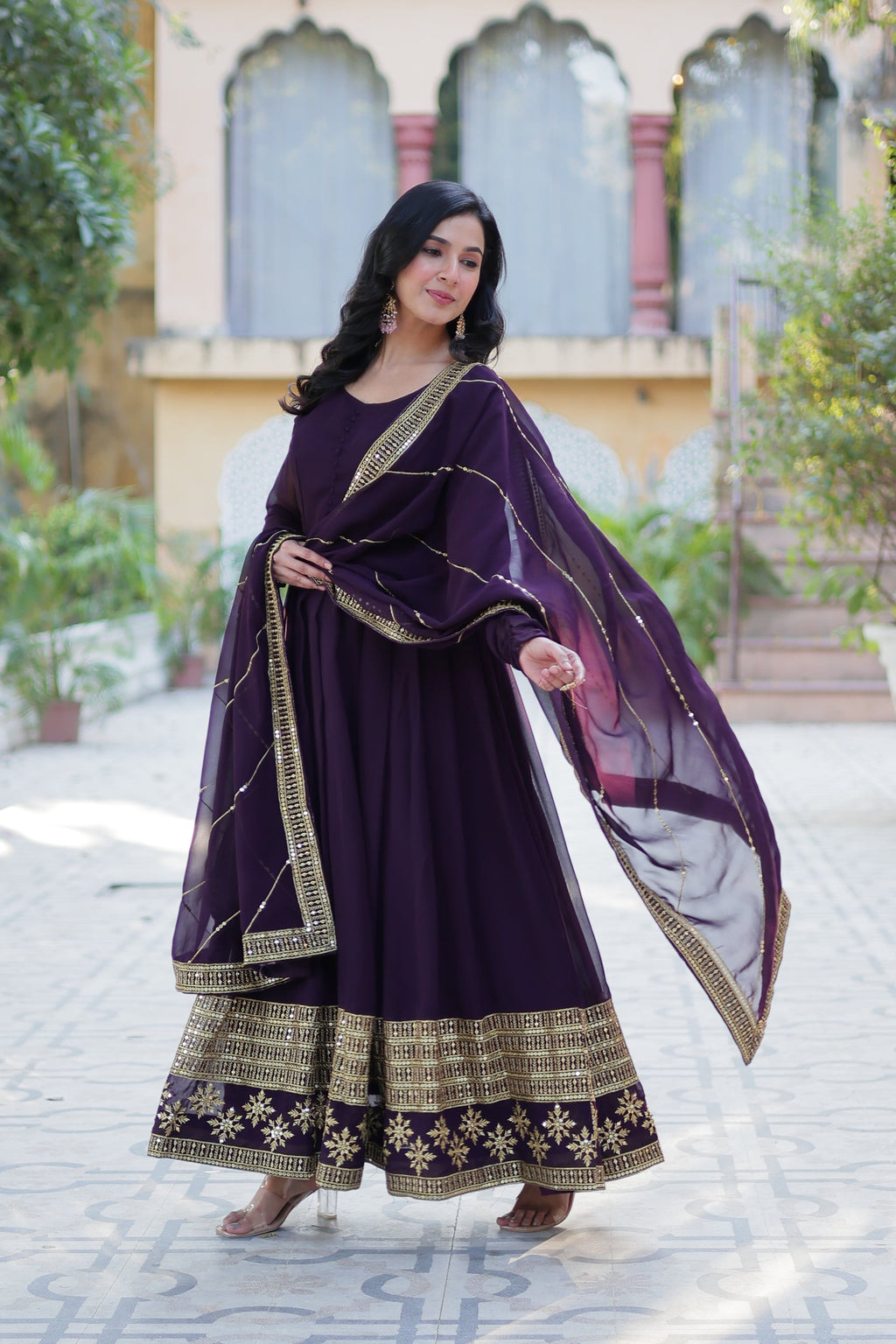 Mokshita wine festive wear flared embroidered Anarkali set