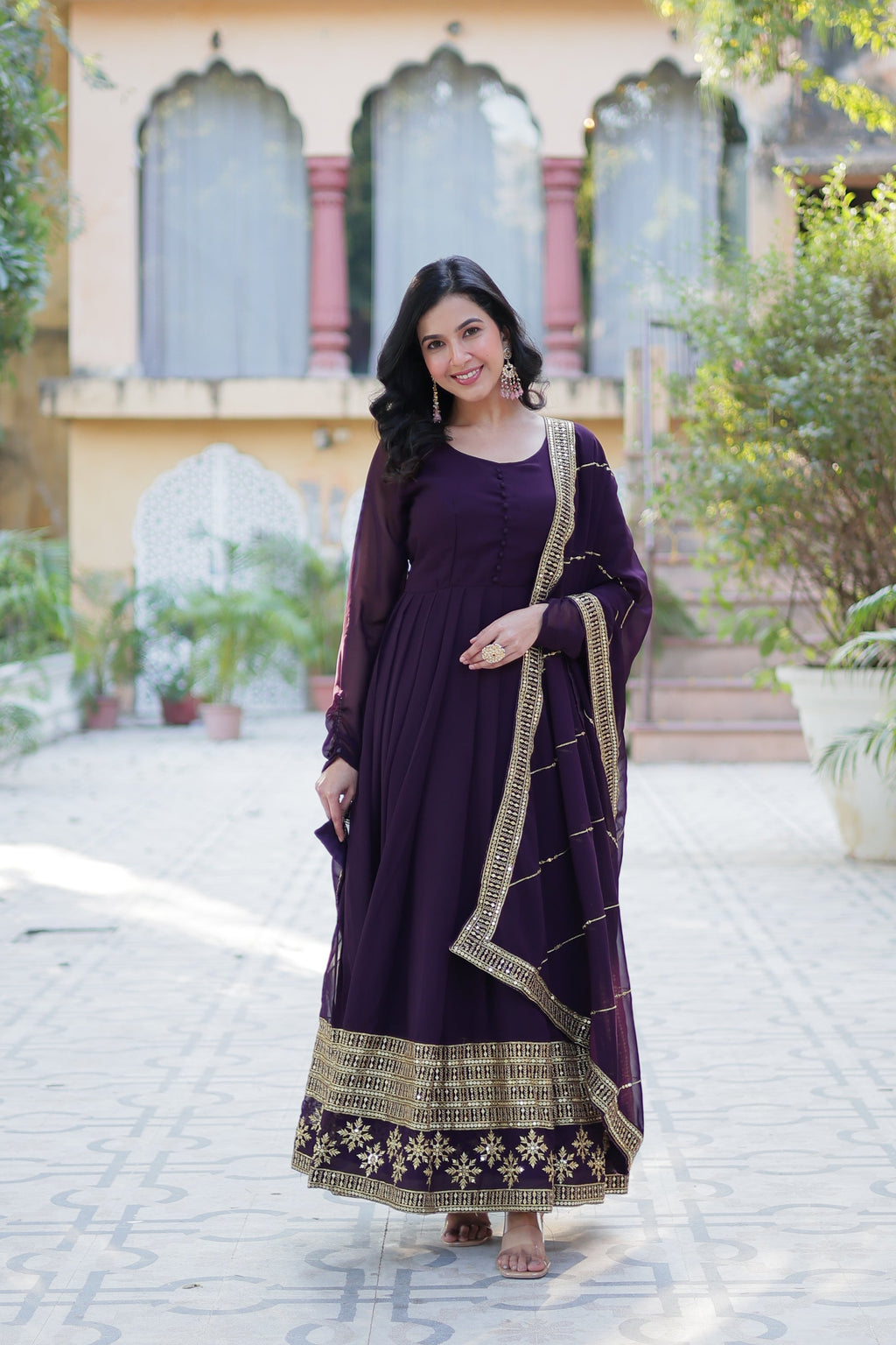 Mokshita wine festive wear flared embroidered Anarkali set