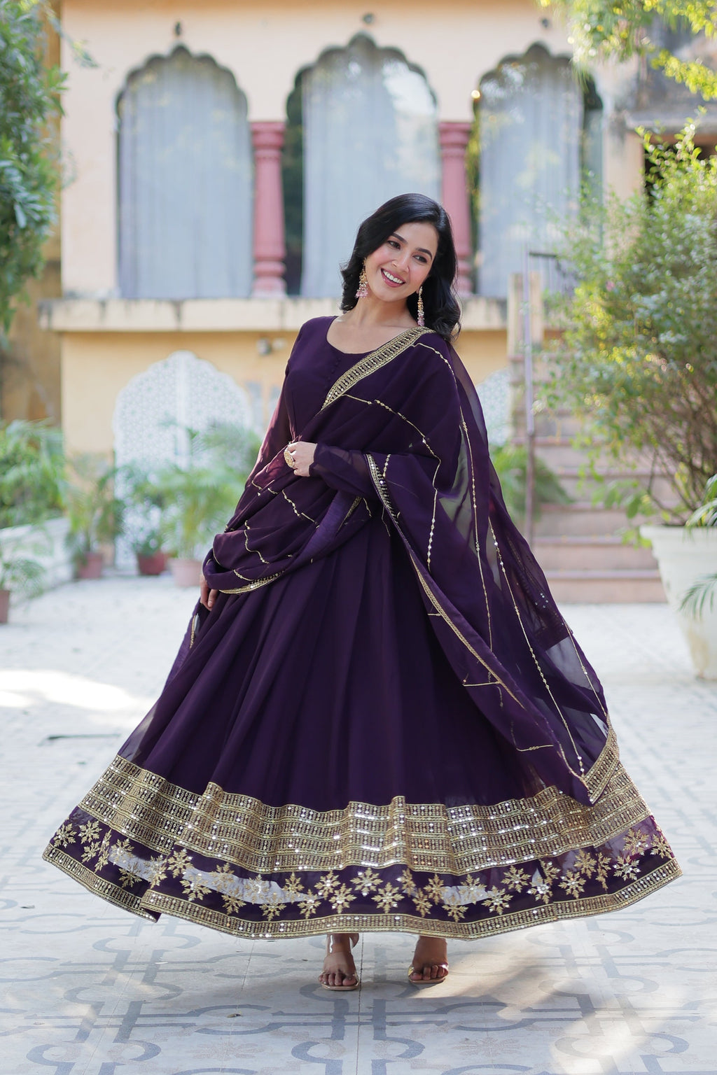 Mokshita wine festive wear flared embroidered Anarkali set