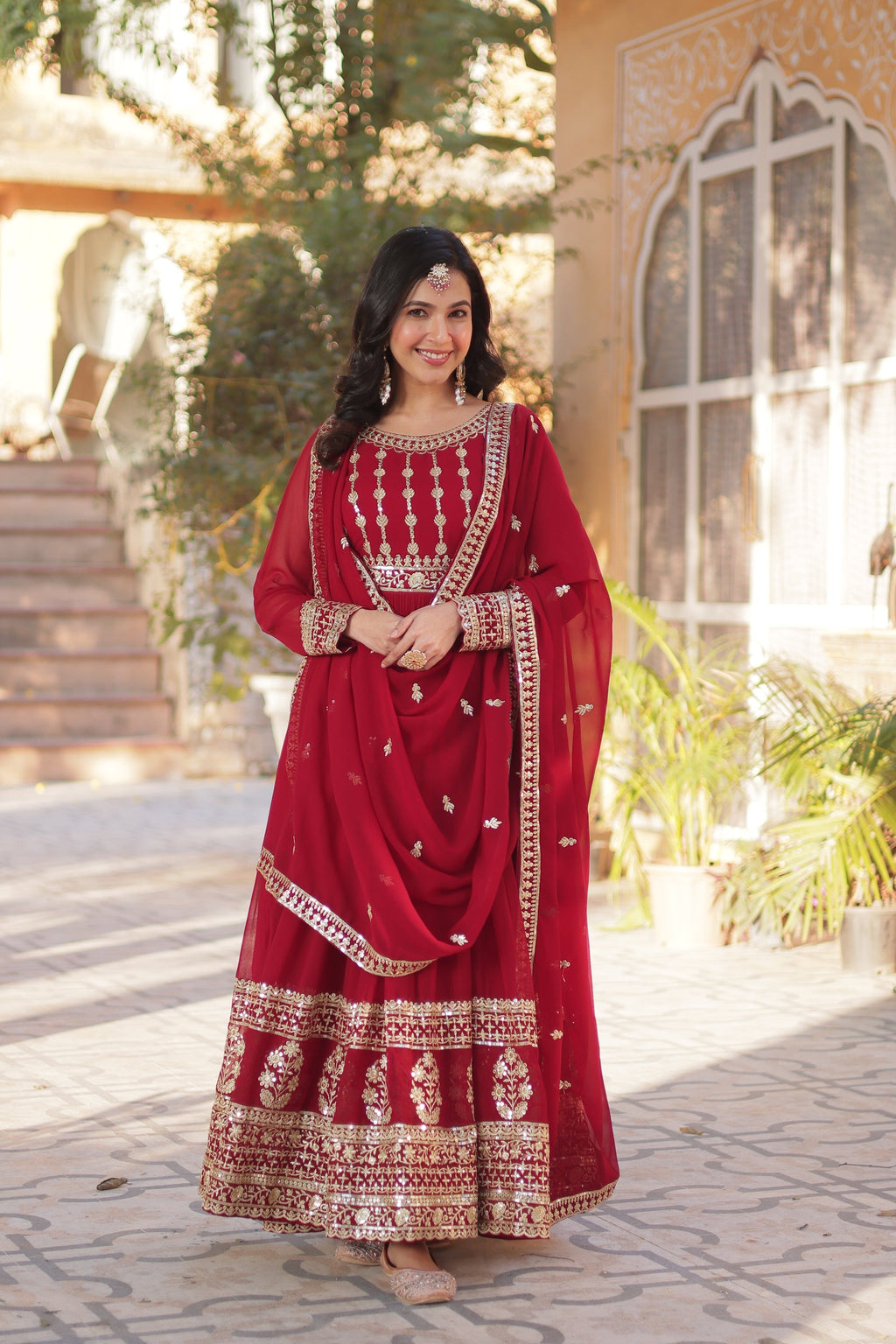 Moumita maroon embroidered anarkali gown set