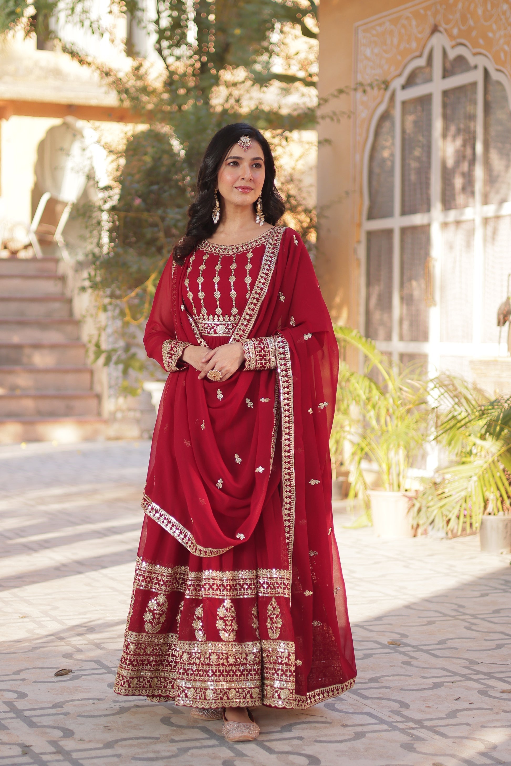 Moumita maroon embroidered anarkali gown set