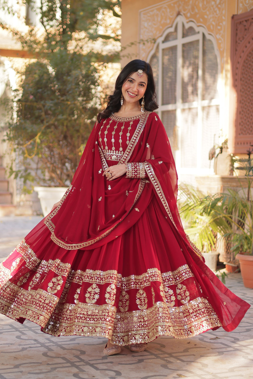 Moumita maroon embroidered anarkali gown set