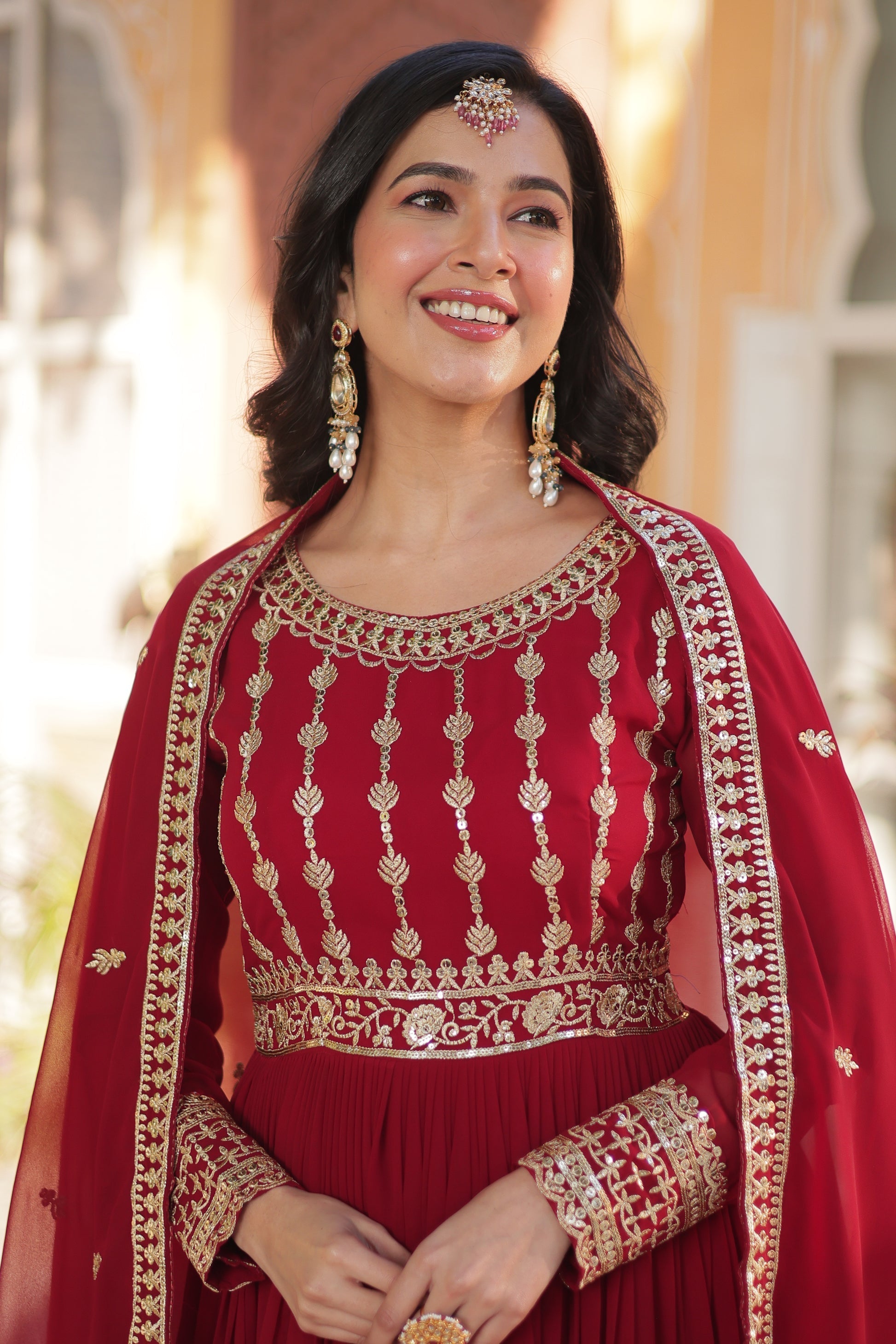 Moumita maroon embroidered anarkali gown set