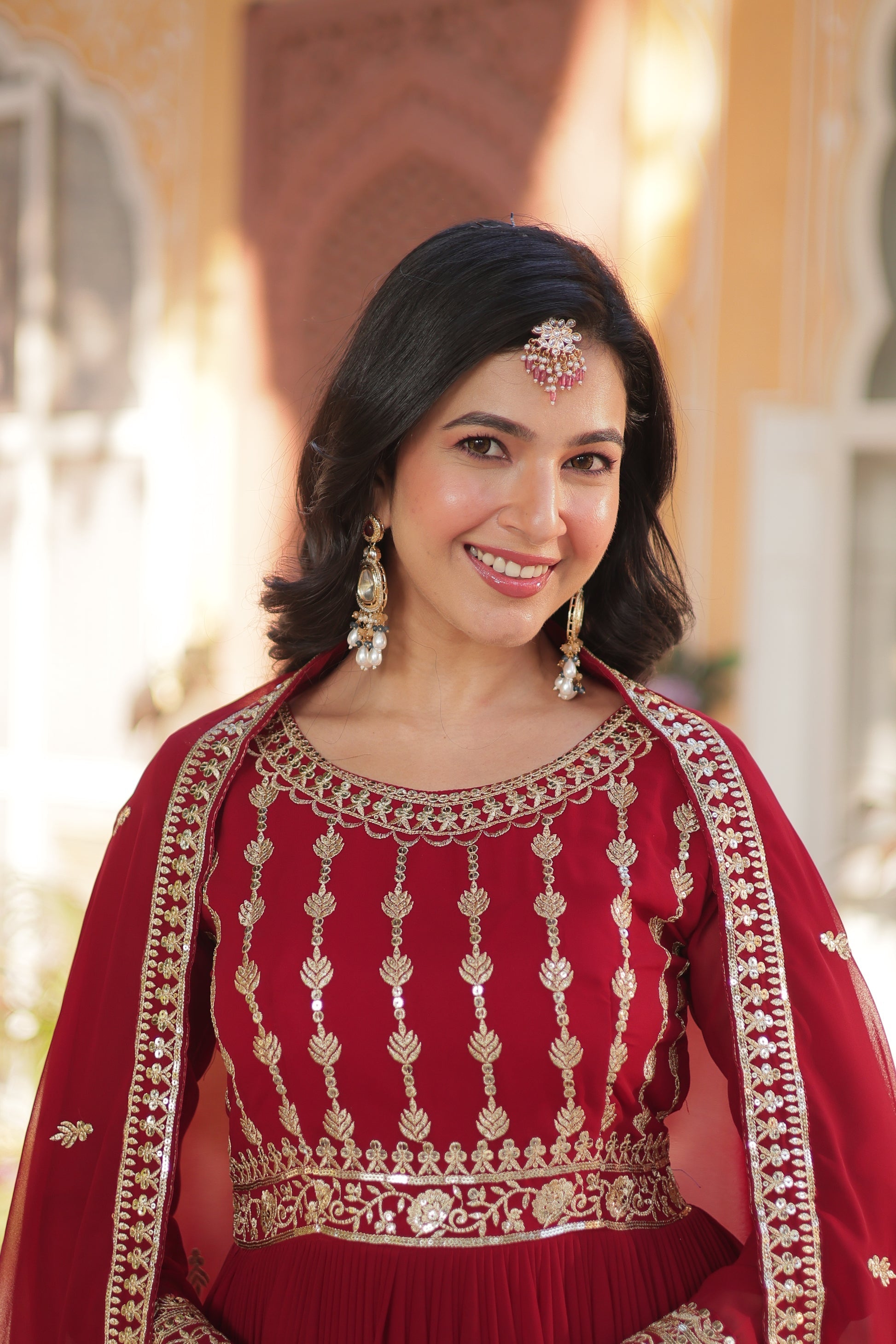 Moumita maroon embroidered anarkali gown set