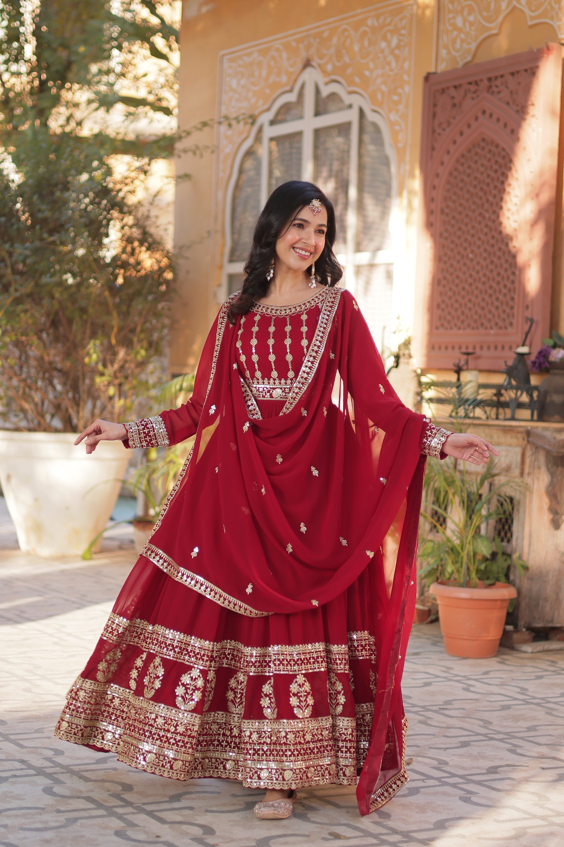 Moumita maroon embroidered anarkali gown set