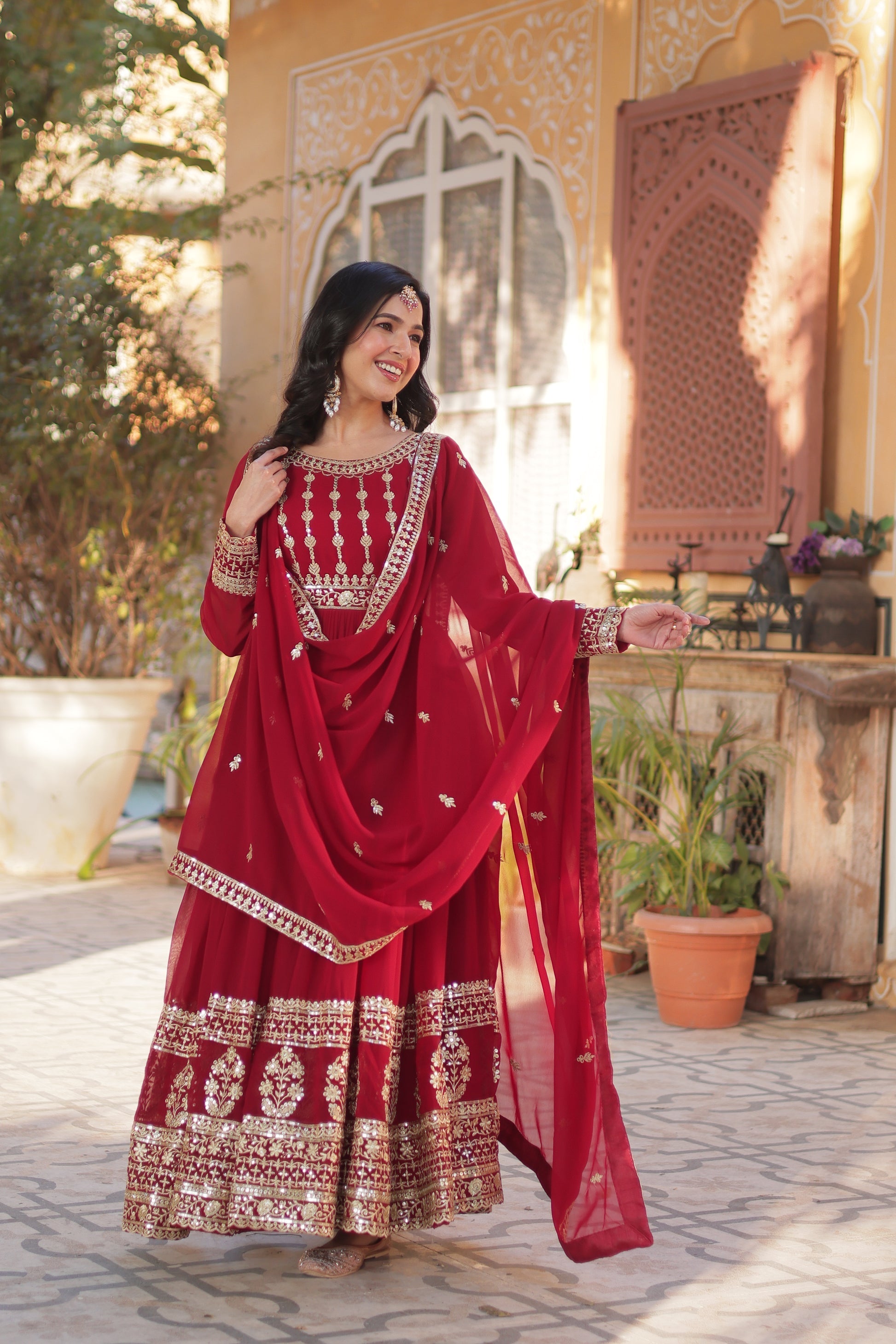 Moumita maroon embroidered anarkali gown set