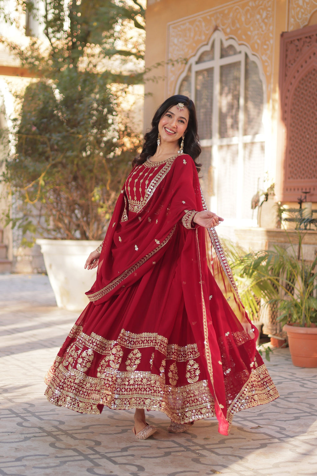 Moumita maroon embroidered anarkali gown set