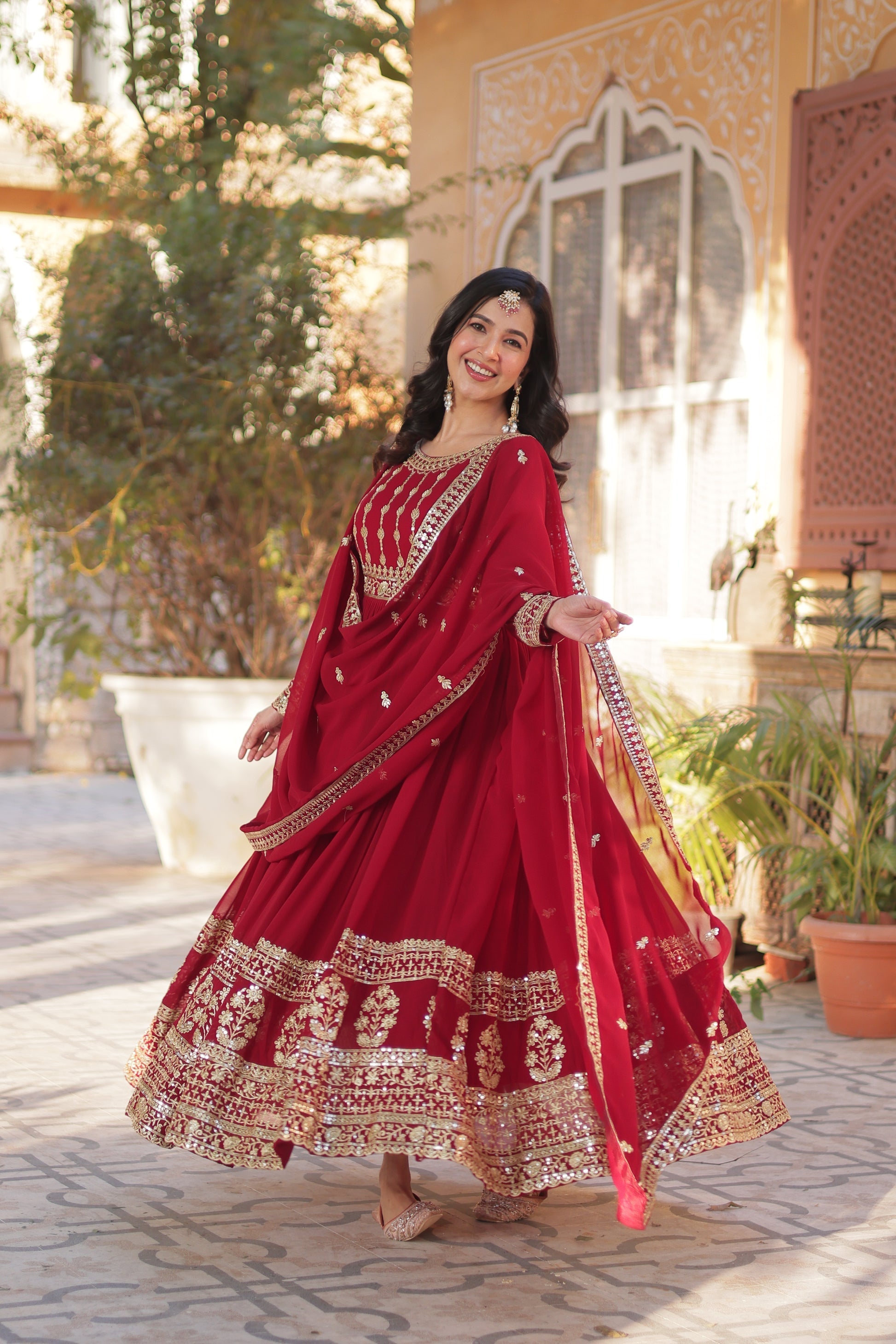 Moumita maroon embroidered anarkali gown set