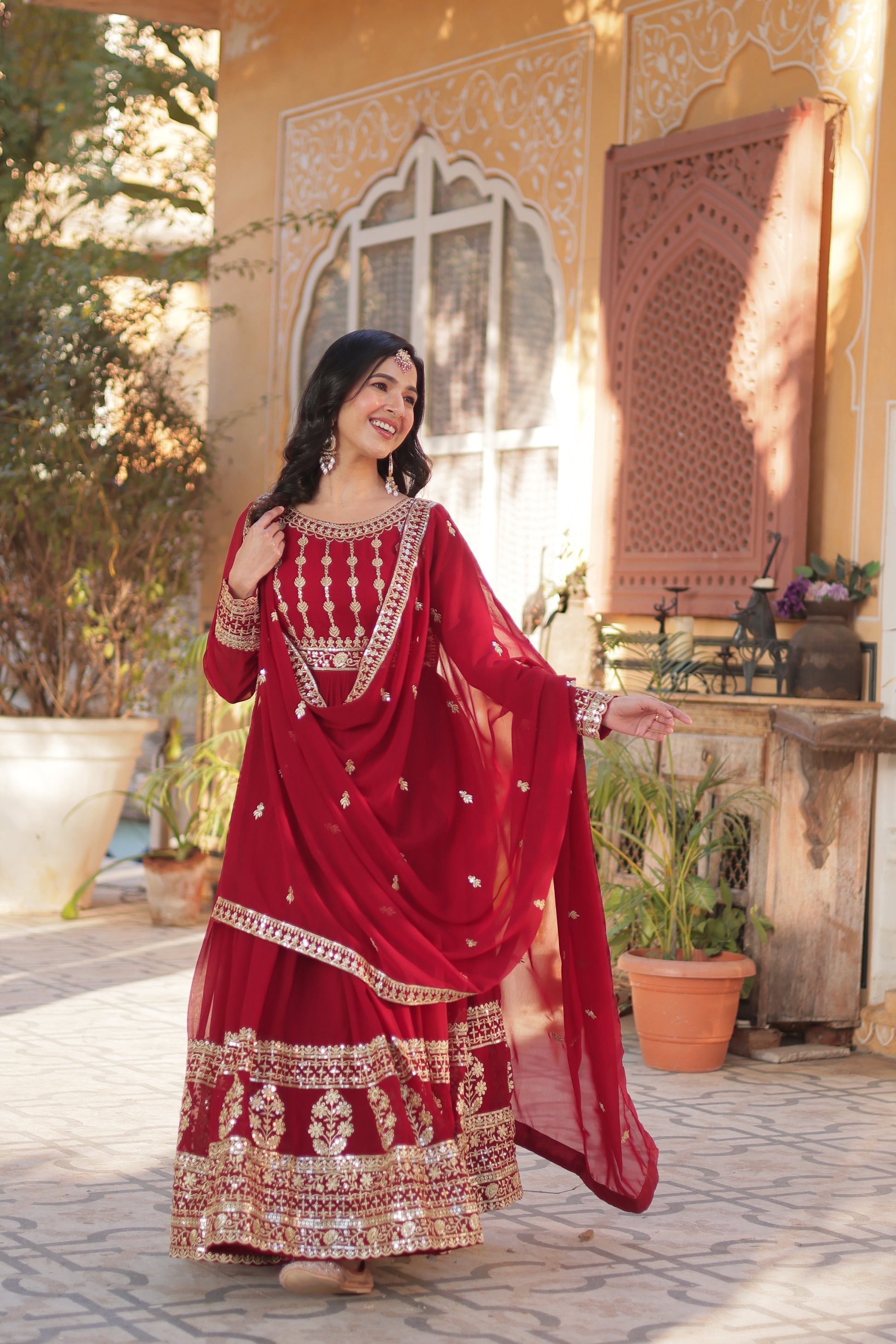 Moumita maroon embroidered anarkali gown set