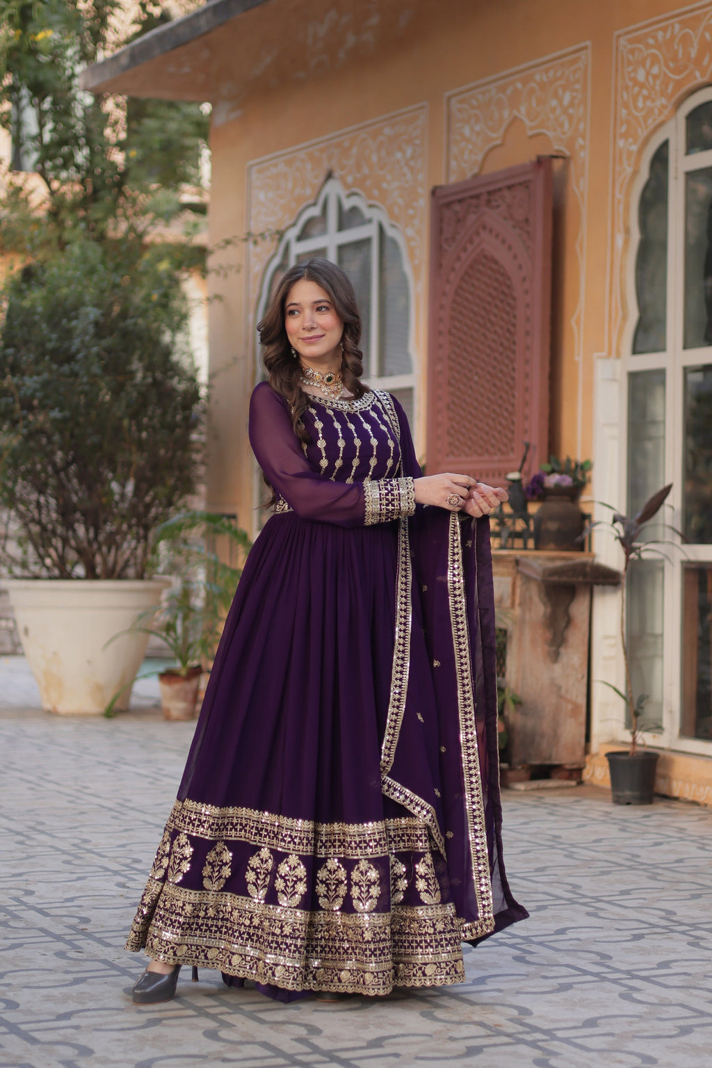 Moumita purple embroidered anarkali gown set