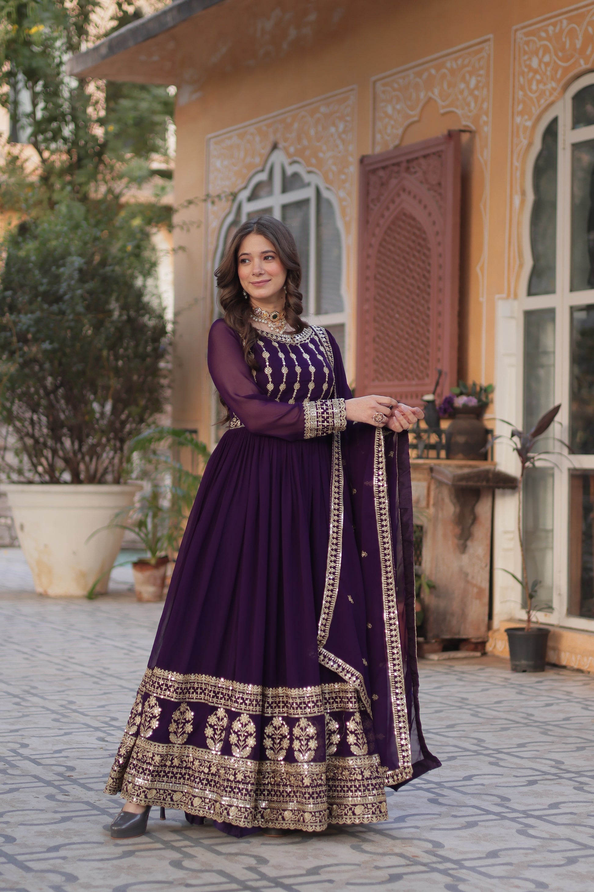 Moumita purple embroidered anarkali gown set
